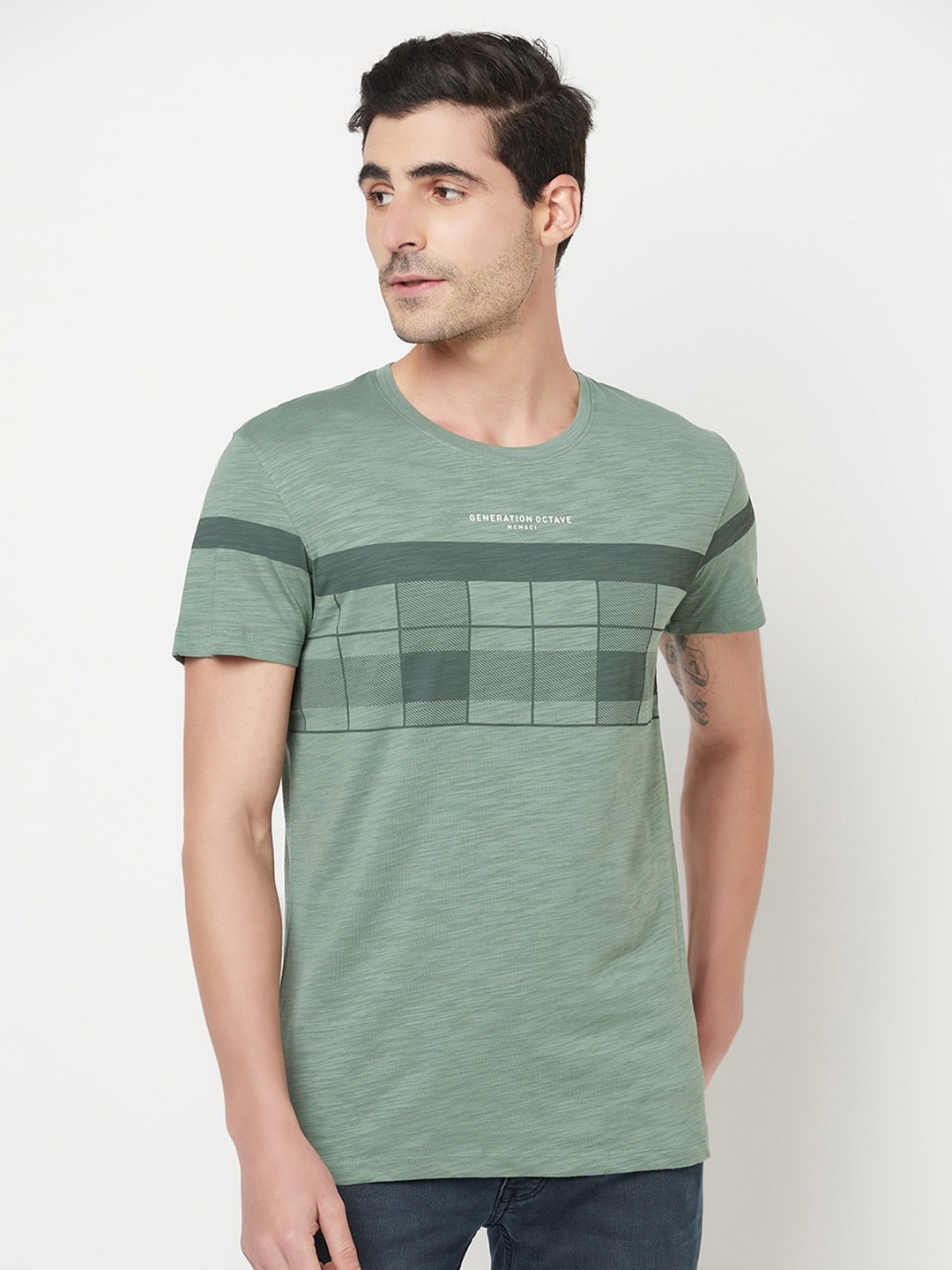 

Octave Men Olive Green Printed Cotton T-shirt