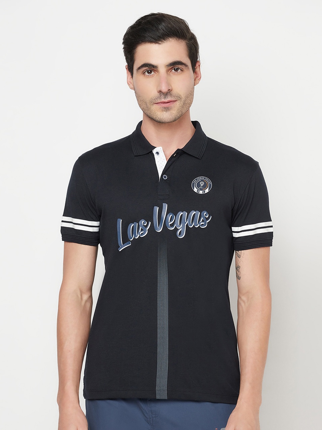 

Octave Men Navy Blue & Blue Typography Polo Collar Cotton T-shirt