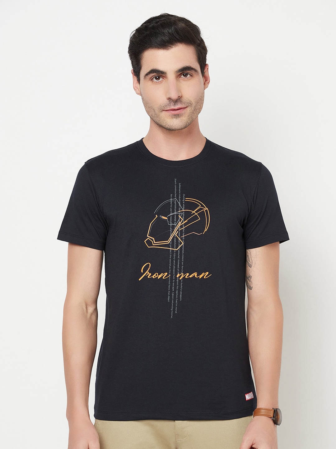 

Octave Men Navy Blue & Mustard Yellow Typography Iron Man Printed T-shirt