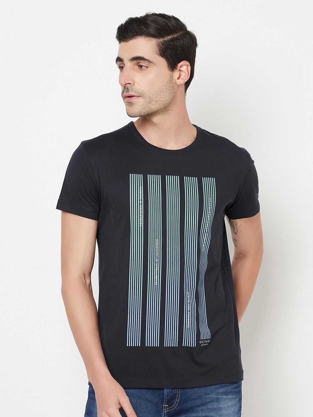 

Octave Men Navy Blue & Blue Striped Cotton T-shirt