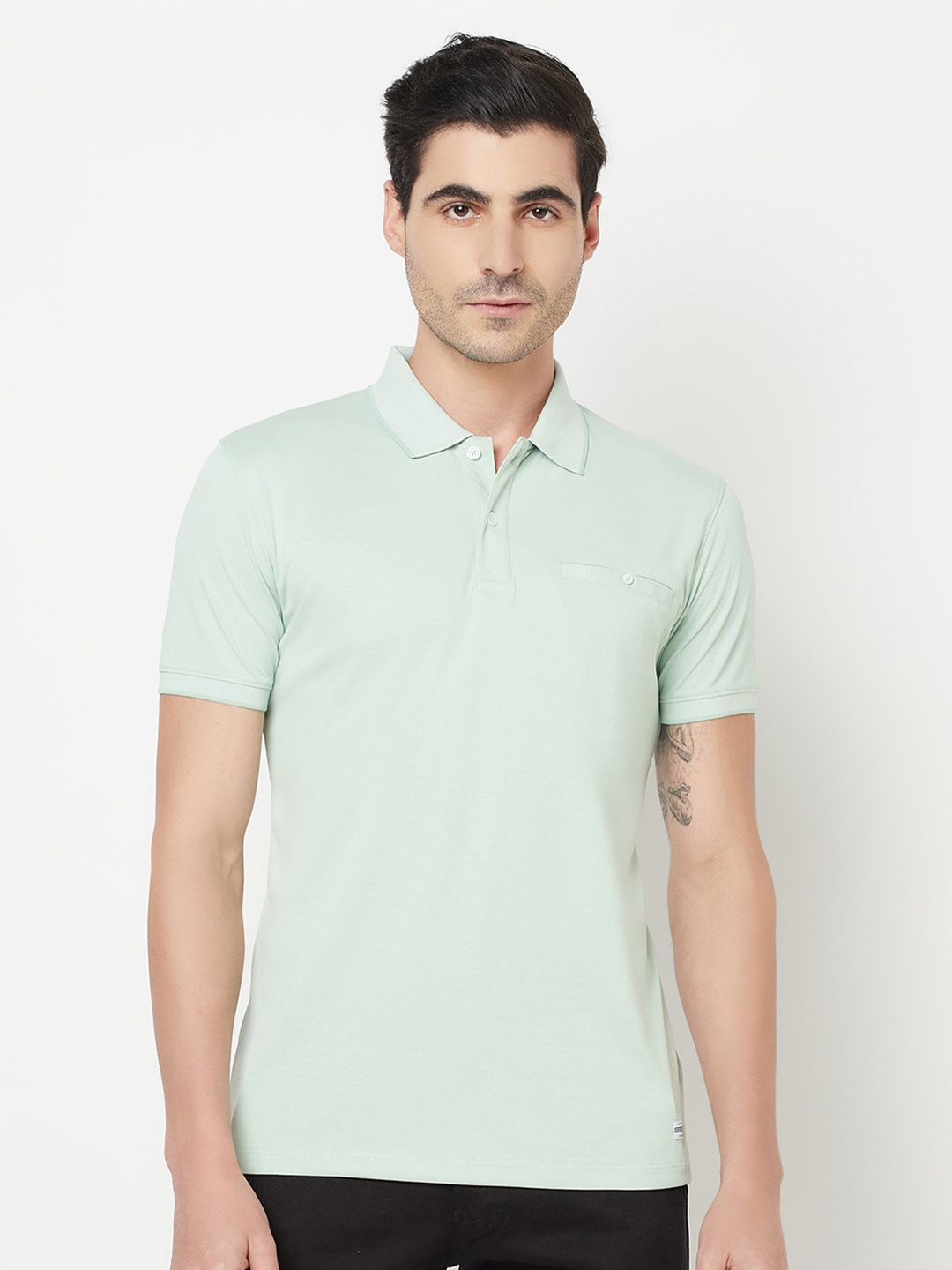 

Octave Men Green Polo Collar Pockets Cotton T-shirt