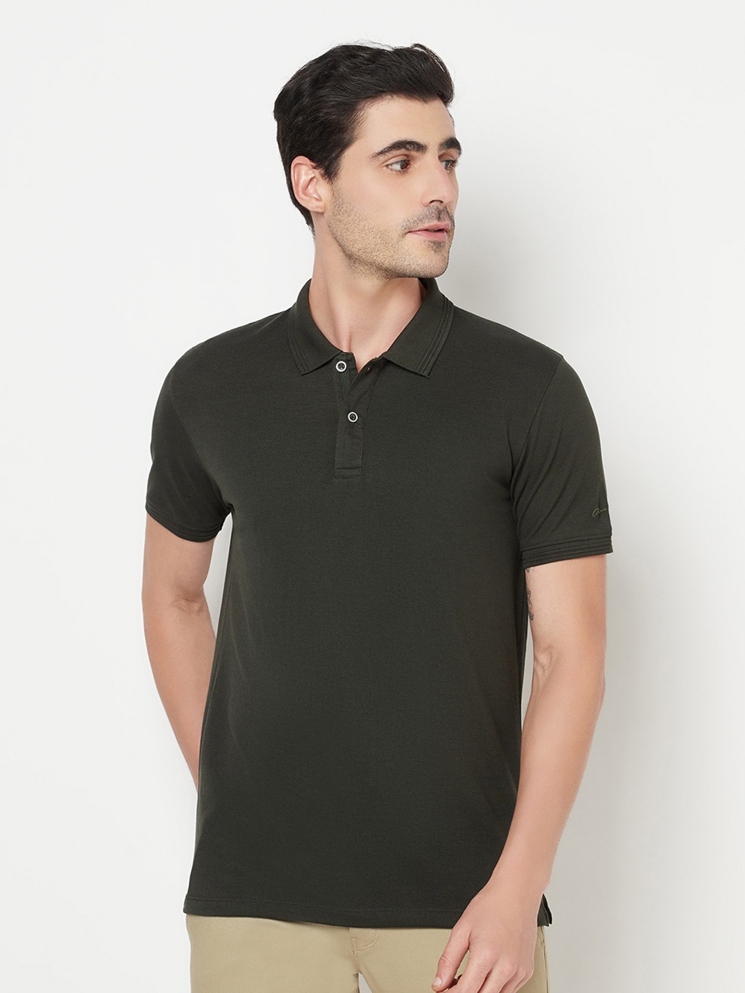 

Octave Men Olive Green Polo Collar Cotton T-shirt