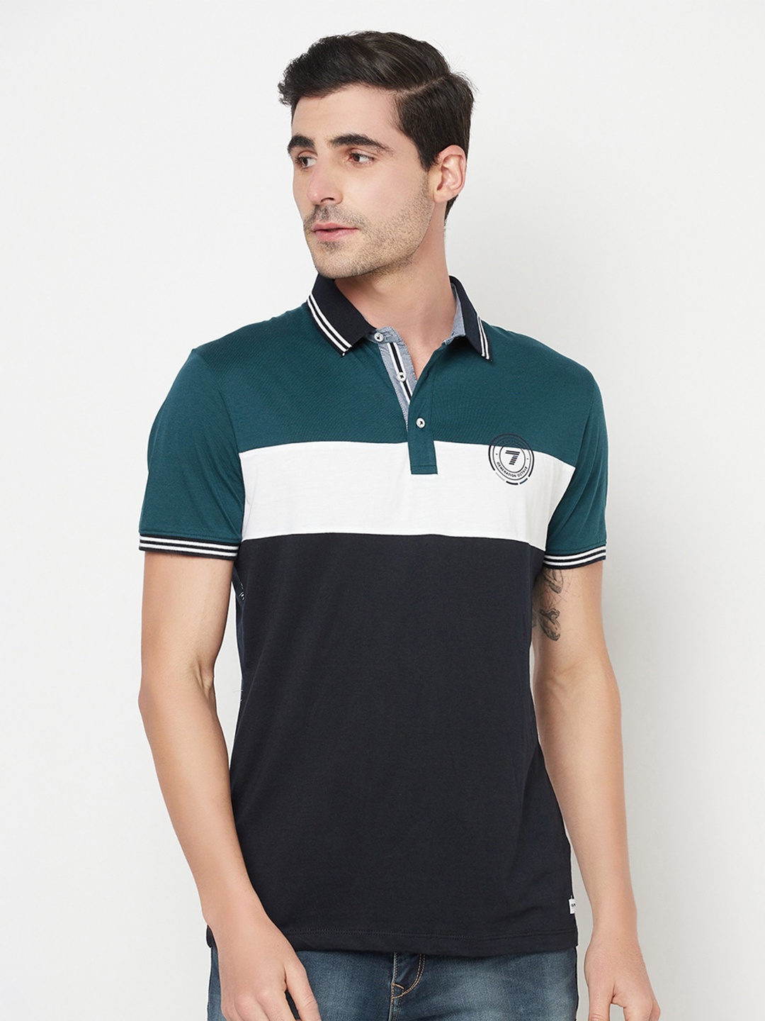 

Octave Men Blue & White Colourblocked Polo Collar T-shirt