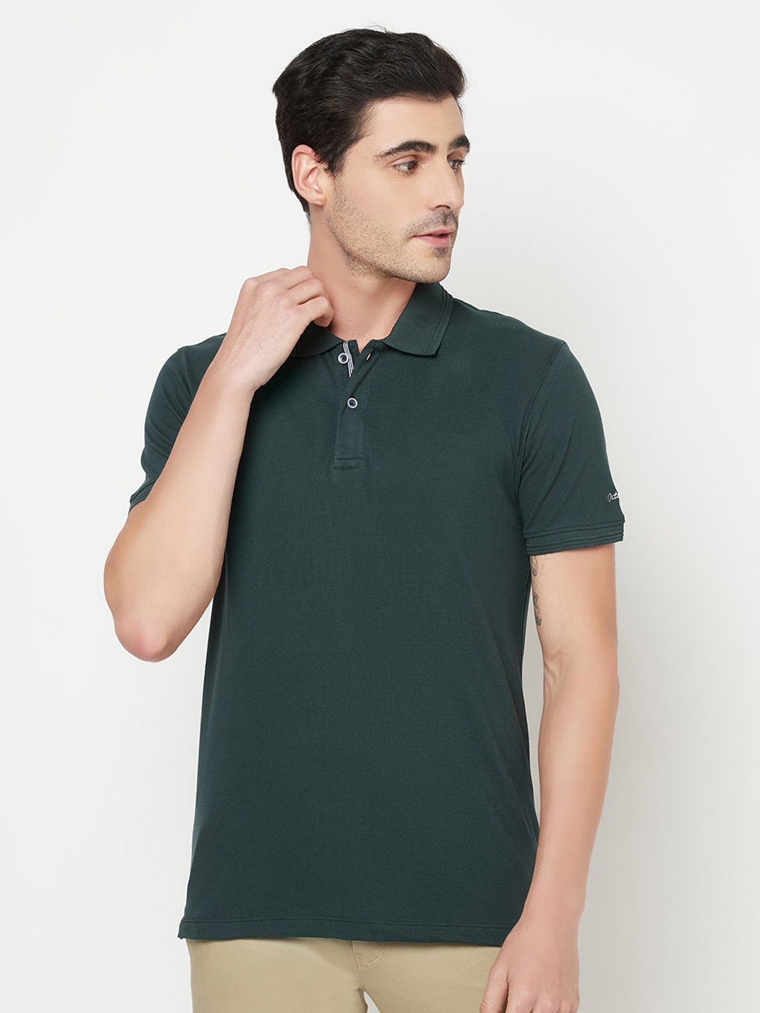 

Octave Men Green Polo Collar Cotton T-shirt