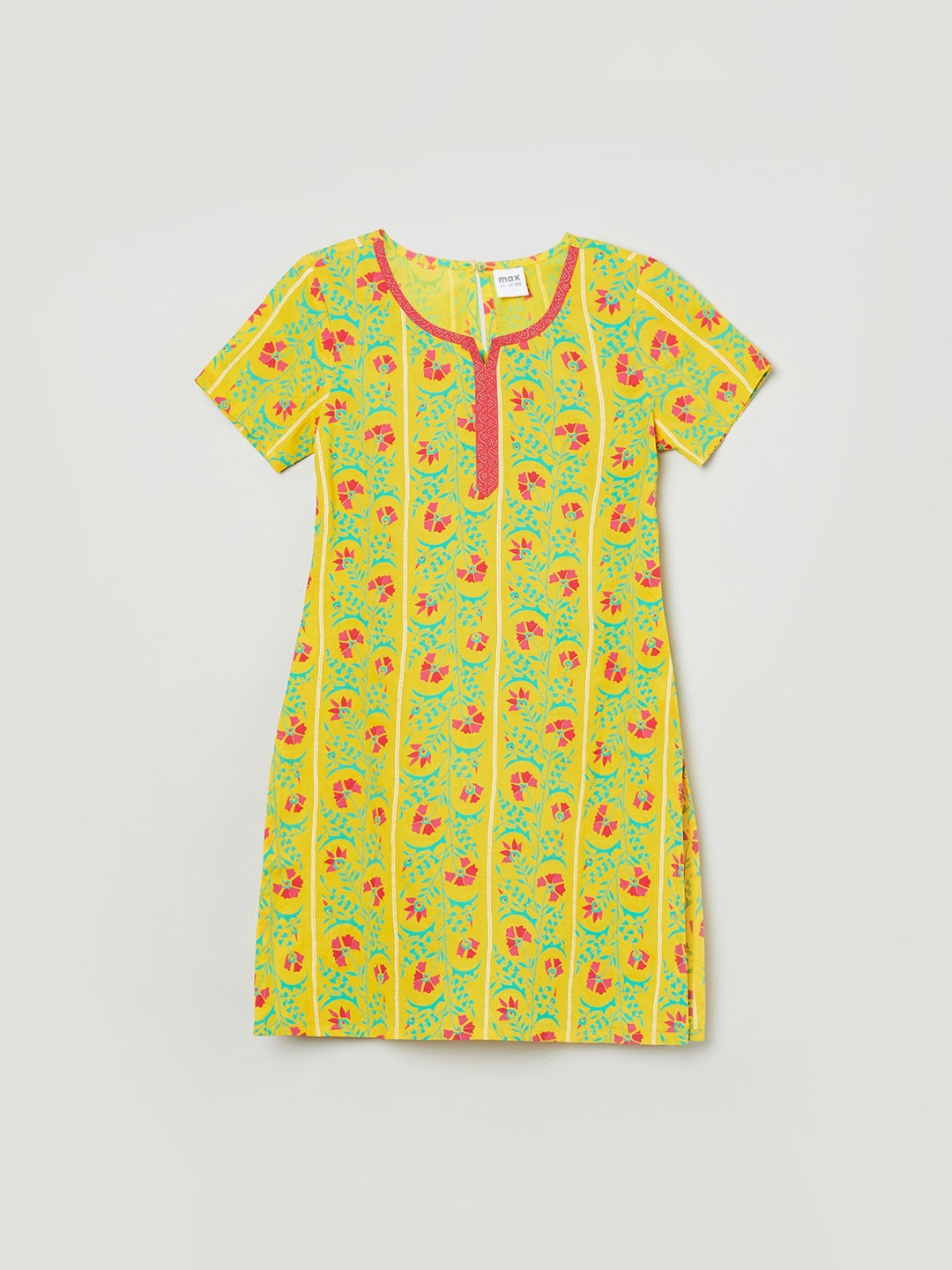 

max Girls Yellow & Green Pure Cotton Floral Printed Straight Kurta