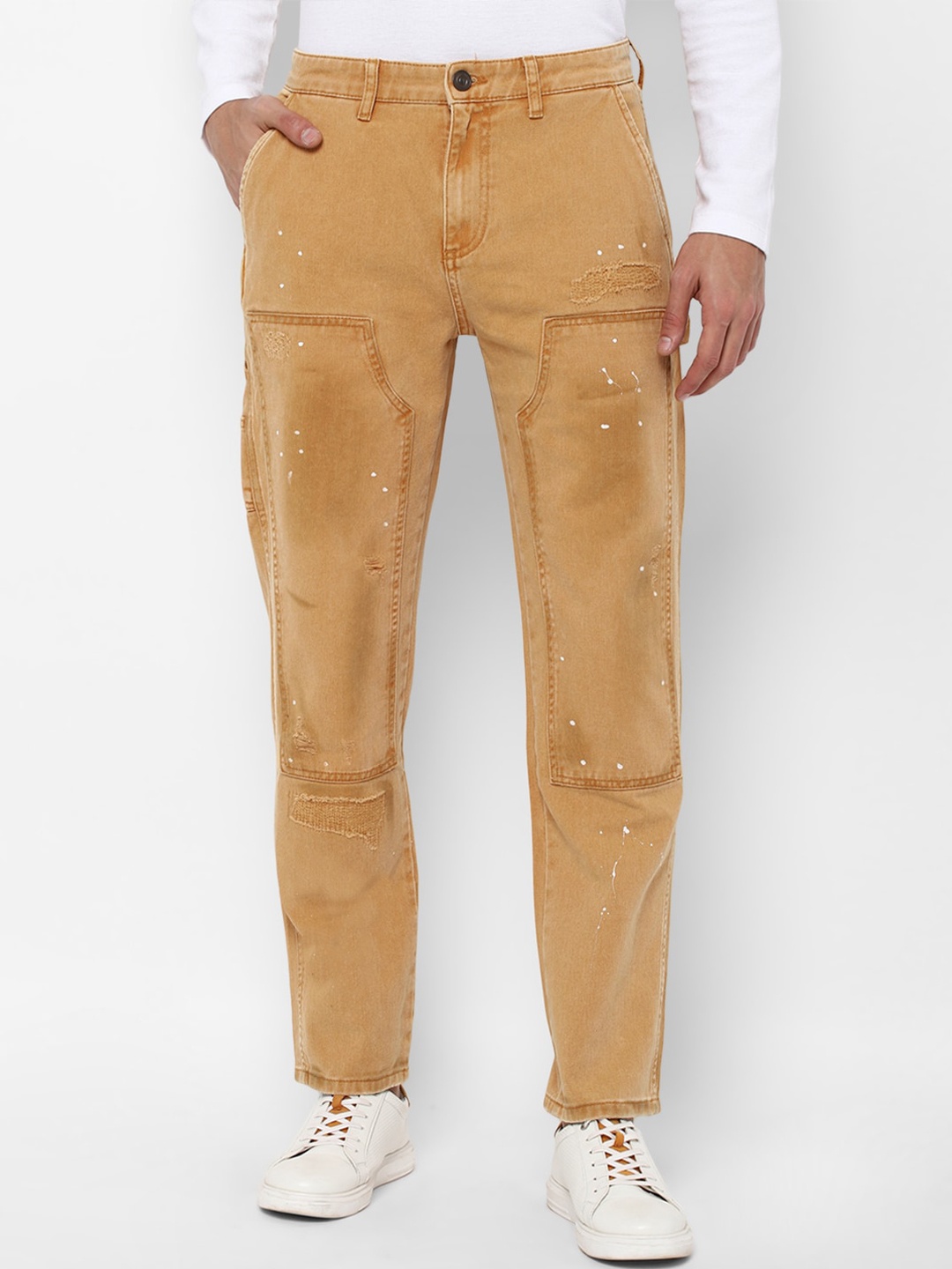 

FOREVER 21 Men Camel Brown Distressed Paint Splatter Cotton Cargos Trousers