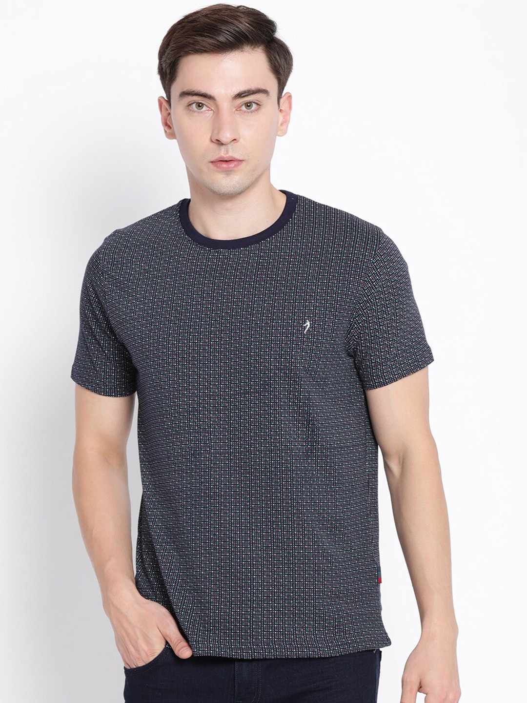 

Indian Terrain Men Blue Printed Slim Fit Cotton T-shirt