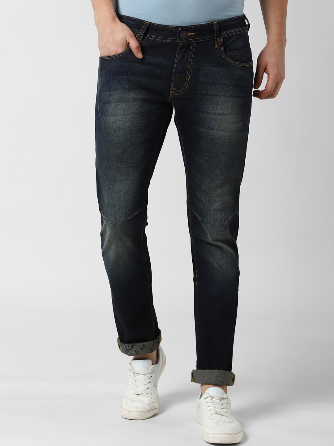 

Peter England Casuals Men Navy Blue Slim Fit Low Distress Heavy Fade Stretchable Jeans