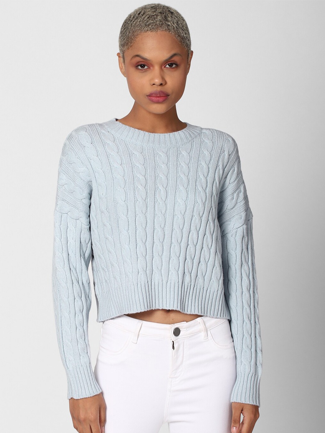 

FOREVER 21 Women Blue Cable Knit Pullover