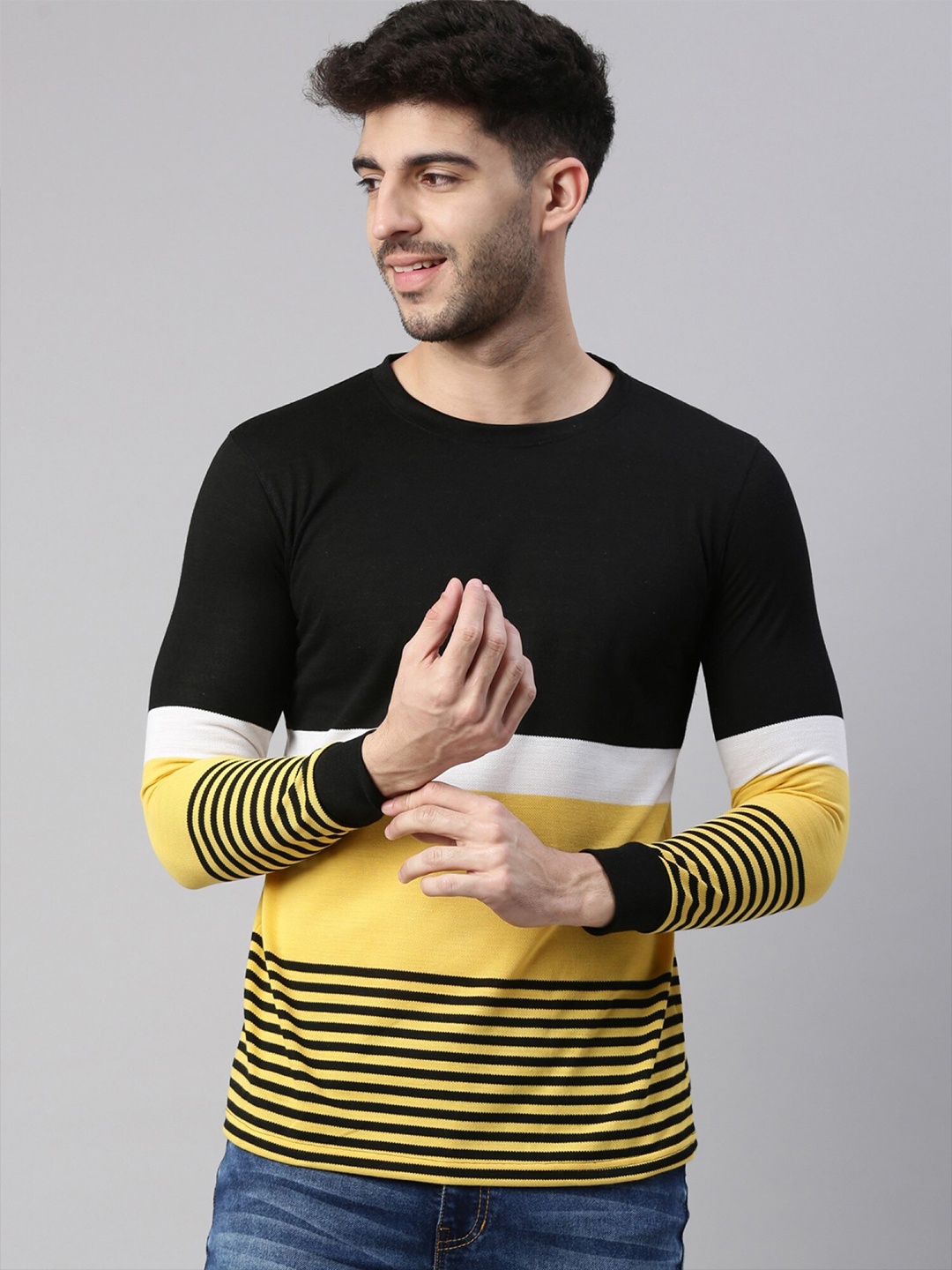

Maniac Men Yellow & Black Striped Slim Fit Cotton T-shirt