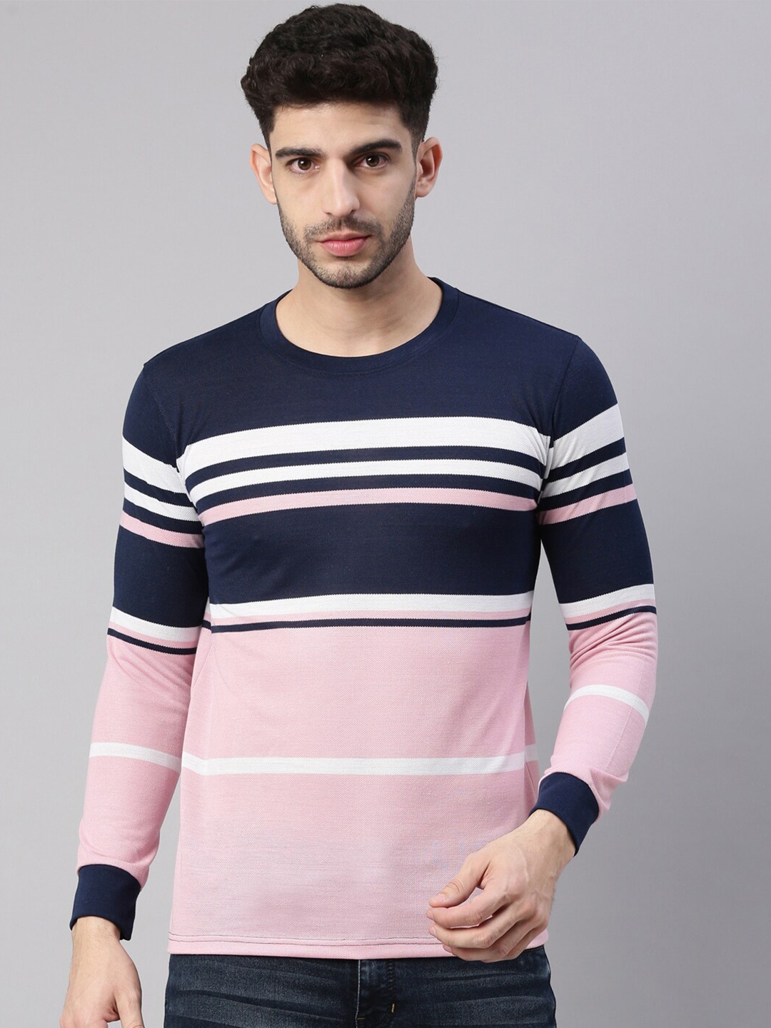 

Maniac Men Navy Blue & White Striped Cotton Slim Fit T-shirt