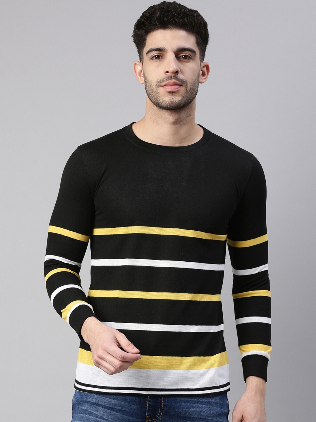 

Maniac Men Black & Yellow Striped Slim Fit T-shirt