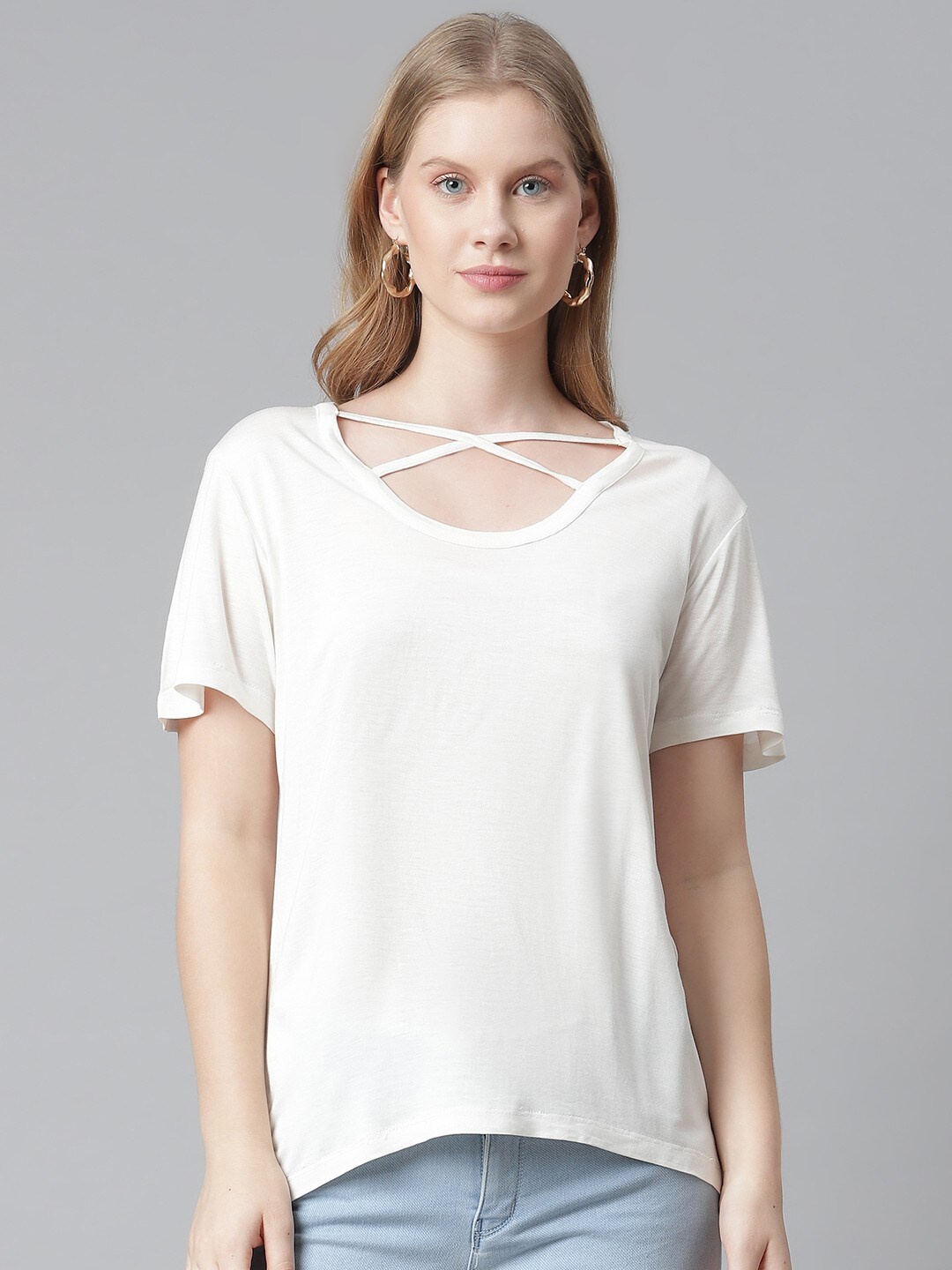 

RIVI White Solid Round Stylised Neck Top