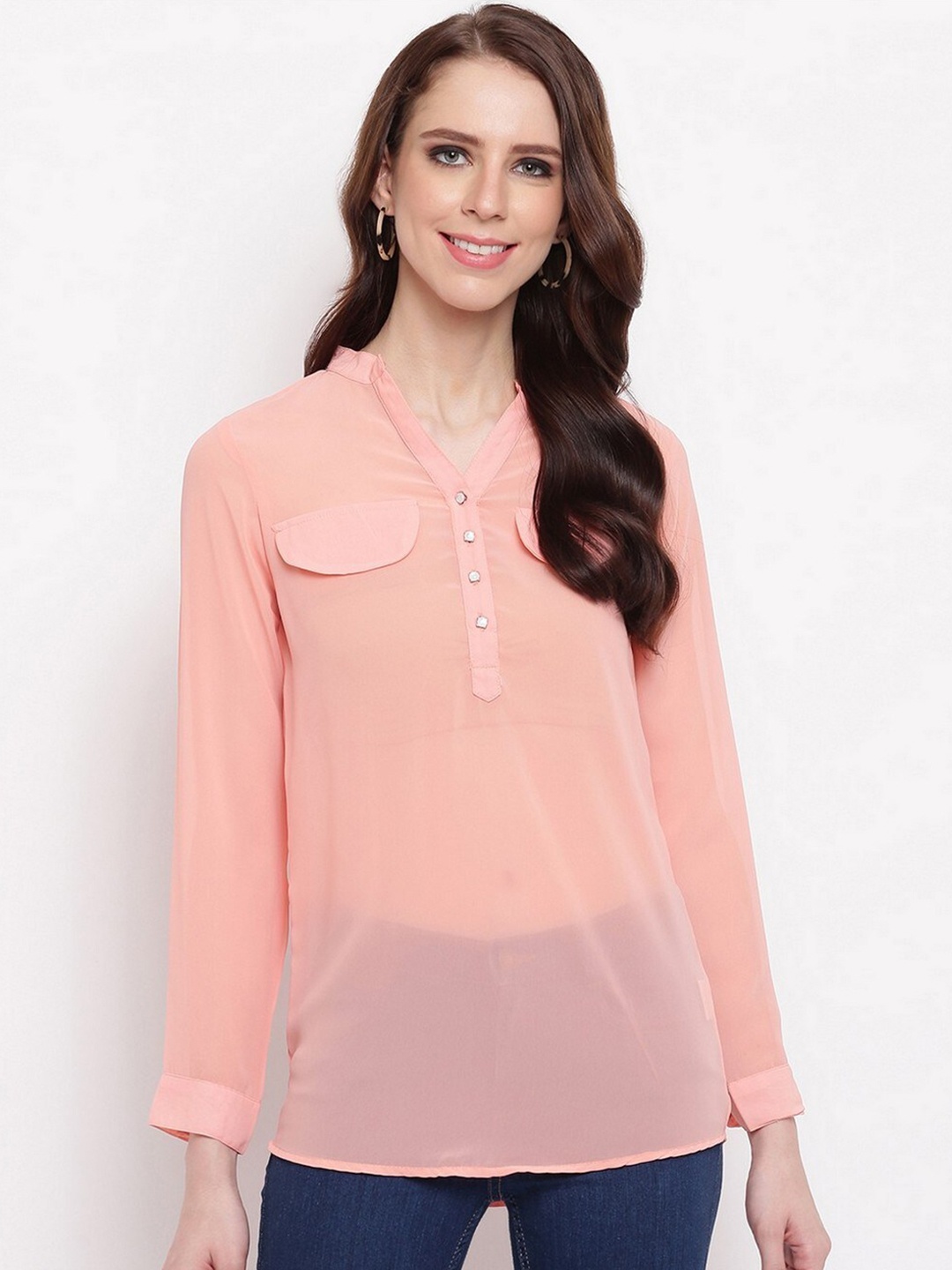 

RIVI Women Peach-Coloured Solid Georgette Shirt Style Top