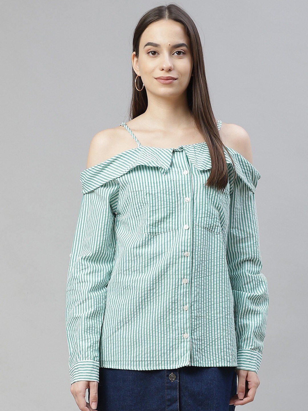 

RIVI Women Green & White Striped Bardot Top