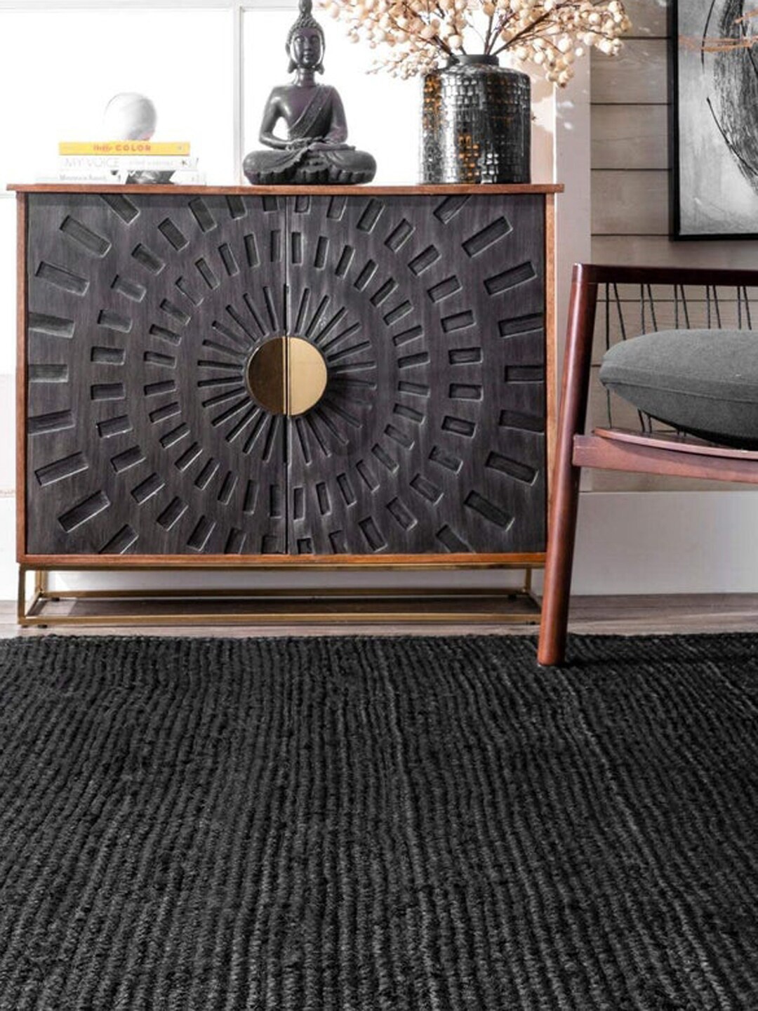 

HABERE INDIA Black Hand Woven Jute Carpet & Rugs
