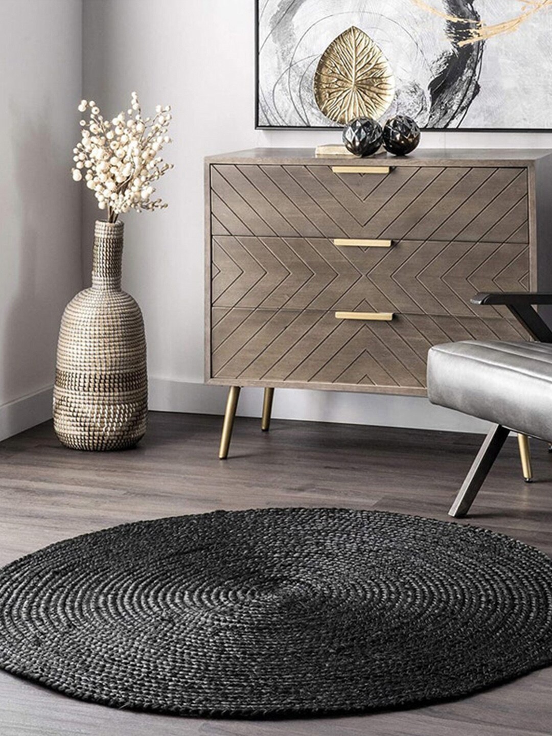 

HABERE INDIA Black Textured Round Carpets