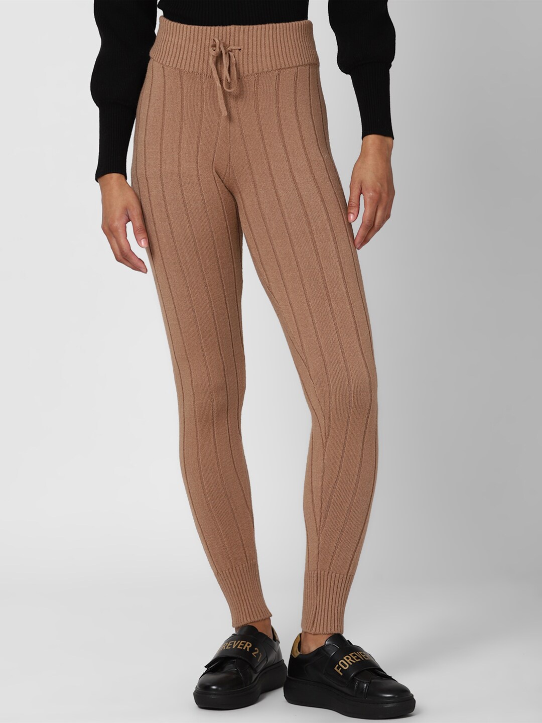 

FOREVER 21 Women Brown Ribbed Self-Tie Leggings