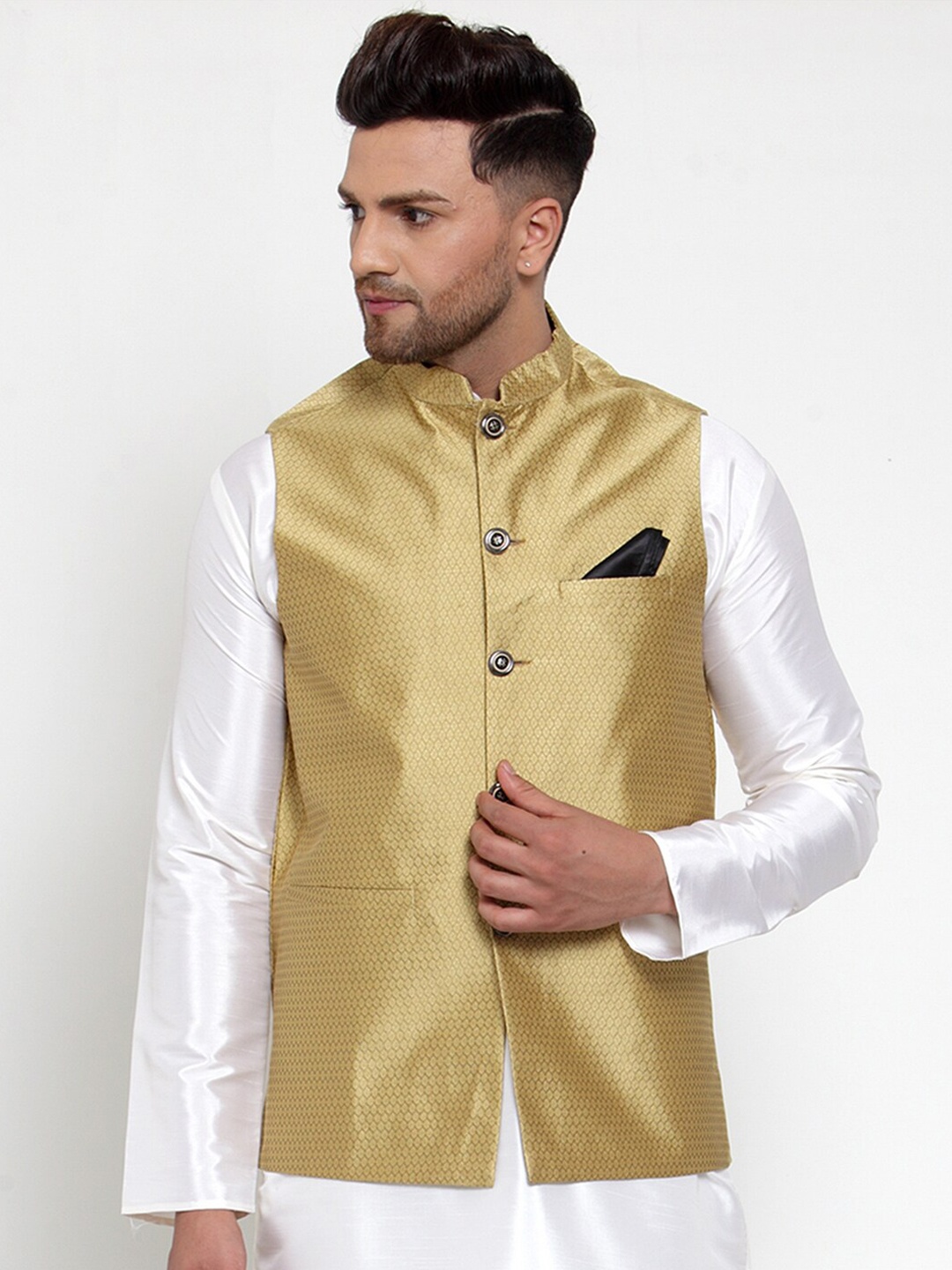 

Jompers Men Gold-Toned Woven Design Waistcoat With Pocket Sqaure