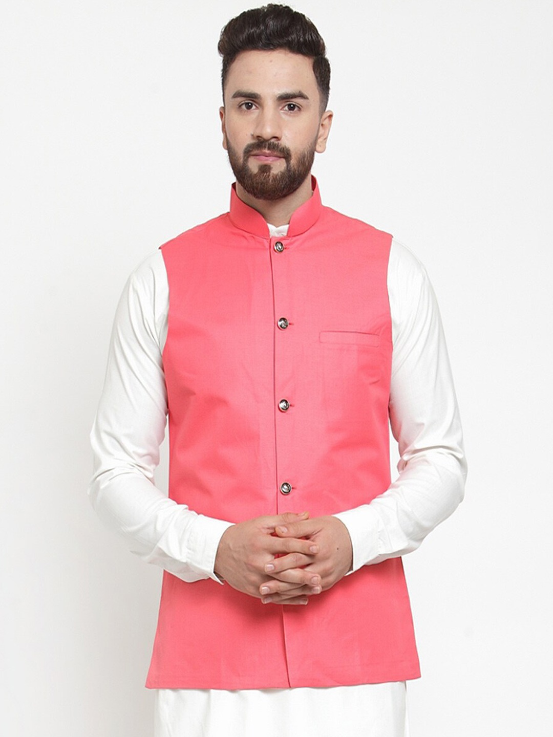 

Jompers Men Peach-Coloured Solid Nehru Jacket