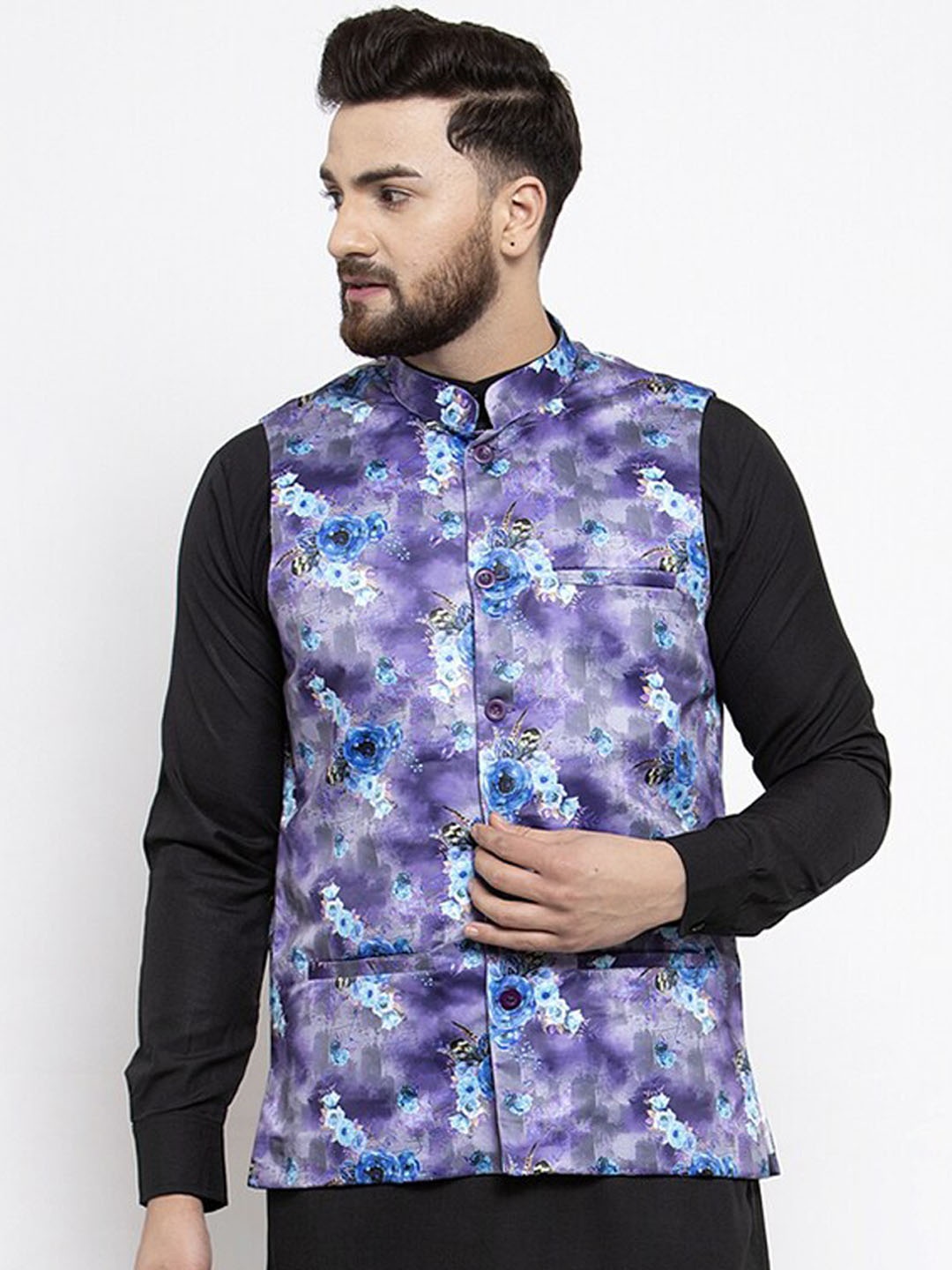 

Jompers Men Violet Printed Nehru Jacket