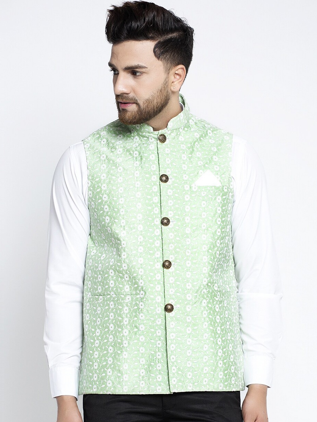 

Jompers Men Green Ethnic Motifs Embroidered Nehru Jacket