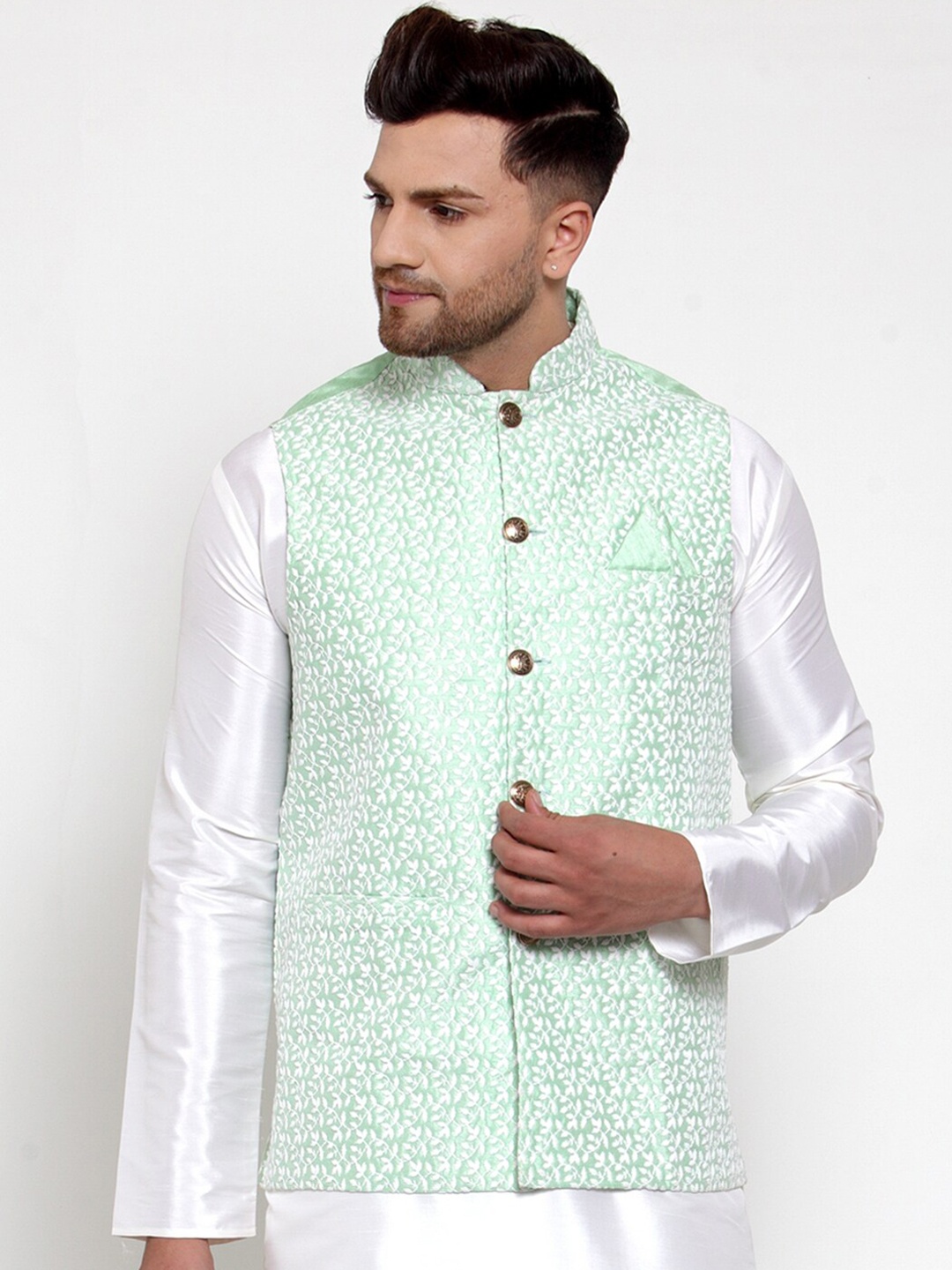 

Jompers Men Mint Green Embroidered Waistcoat
