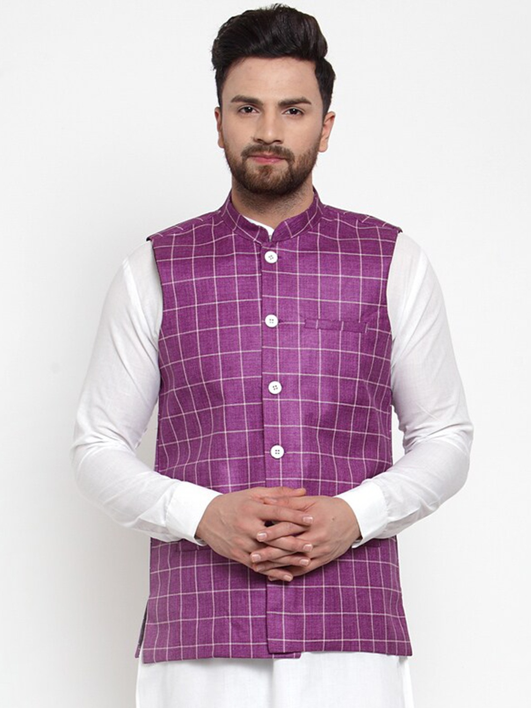 

Jompers Men Purple & White Checked Nehru Jacket