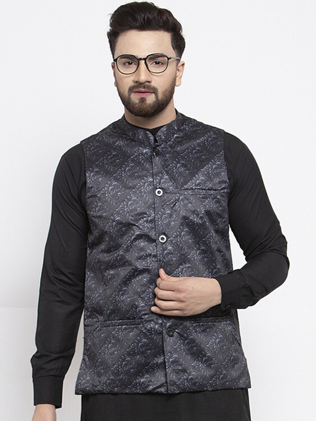 

Jompers Men Charcoal Printed Pure Cotton Waistcoat