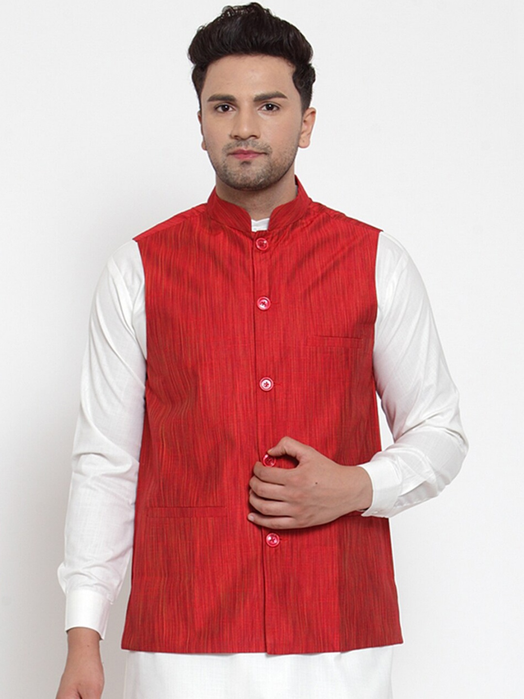 

Jompers Men Red Solid Pure Cotton Nehru Jacket