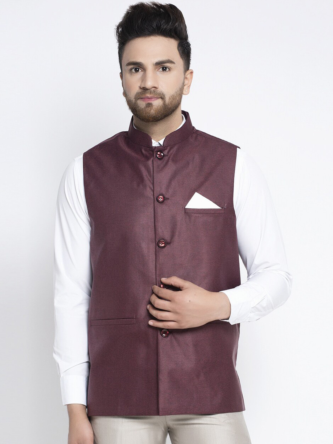 

Jompers Men Burgundy Solid Waistcoat