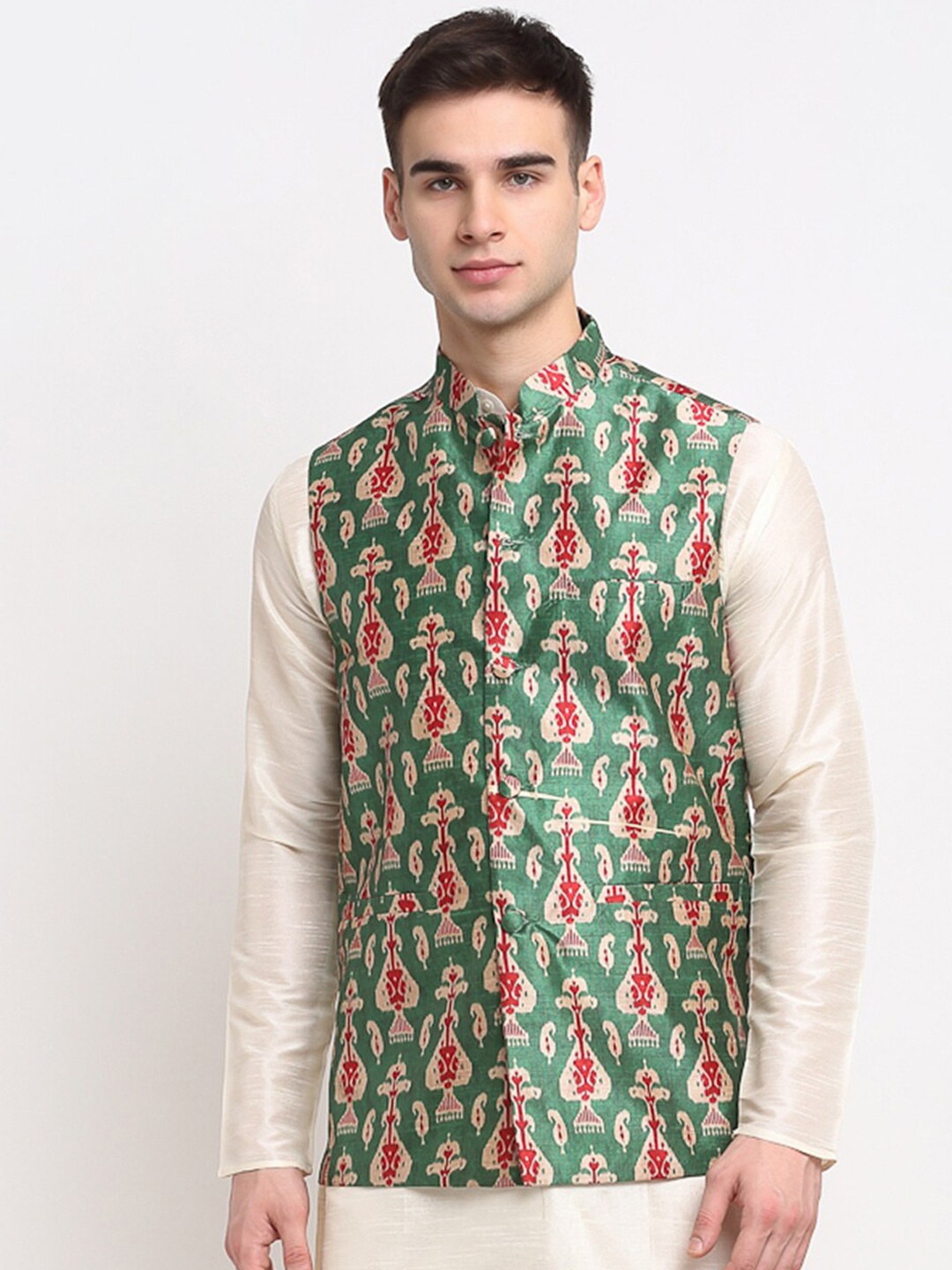 

Jompers Men Green & Red Printed Woven Satin Nehru Jacket