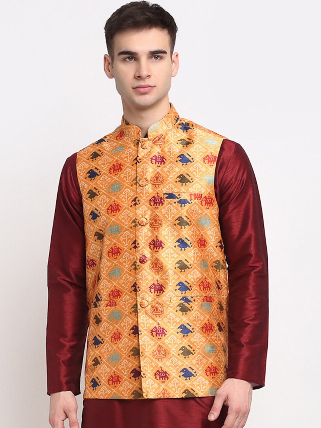 

Jompers Men Orange & Red Digital Printed Waistcoat
