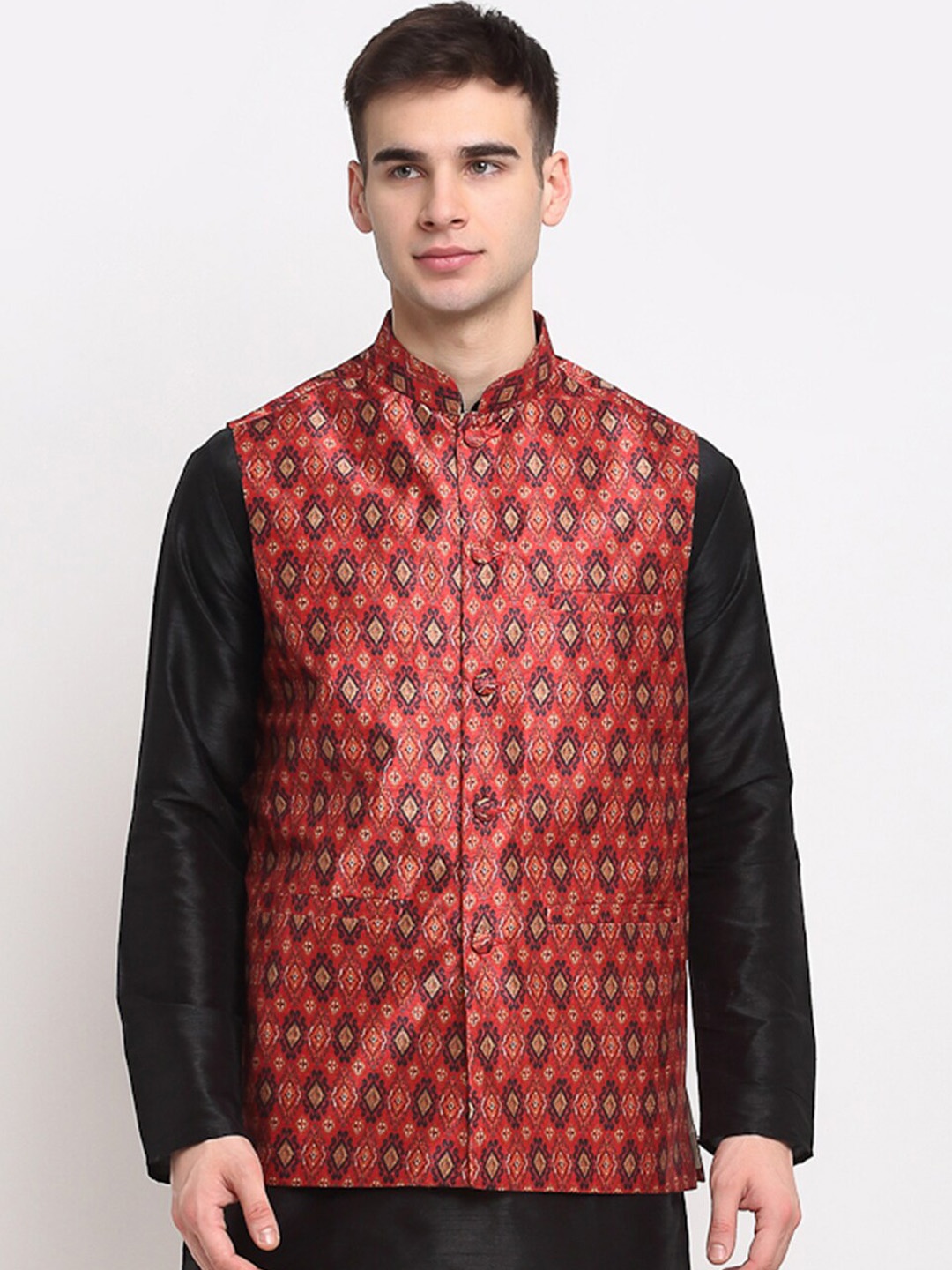 

Jompers Men Red Printed Satin Nehru Jacket