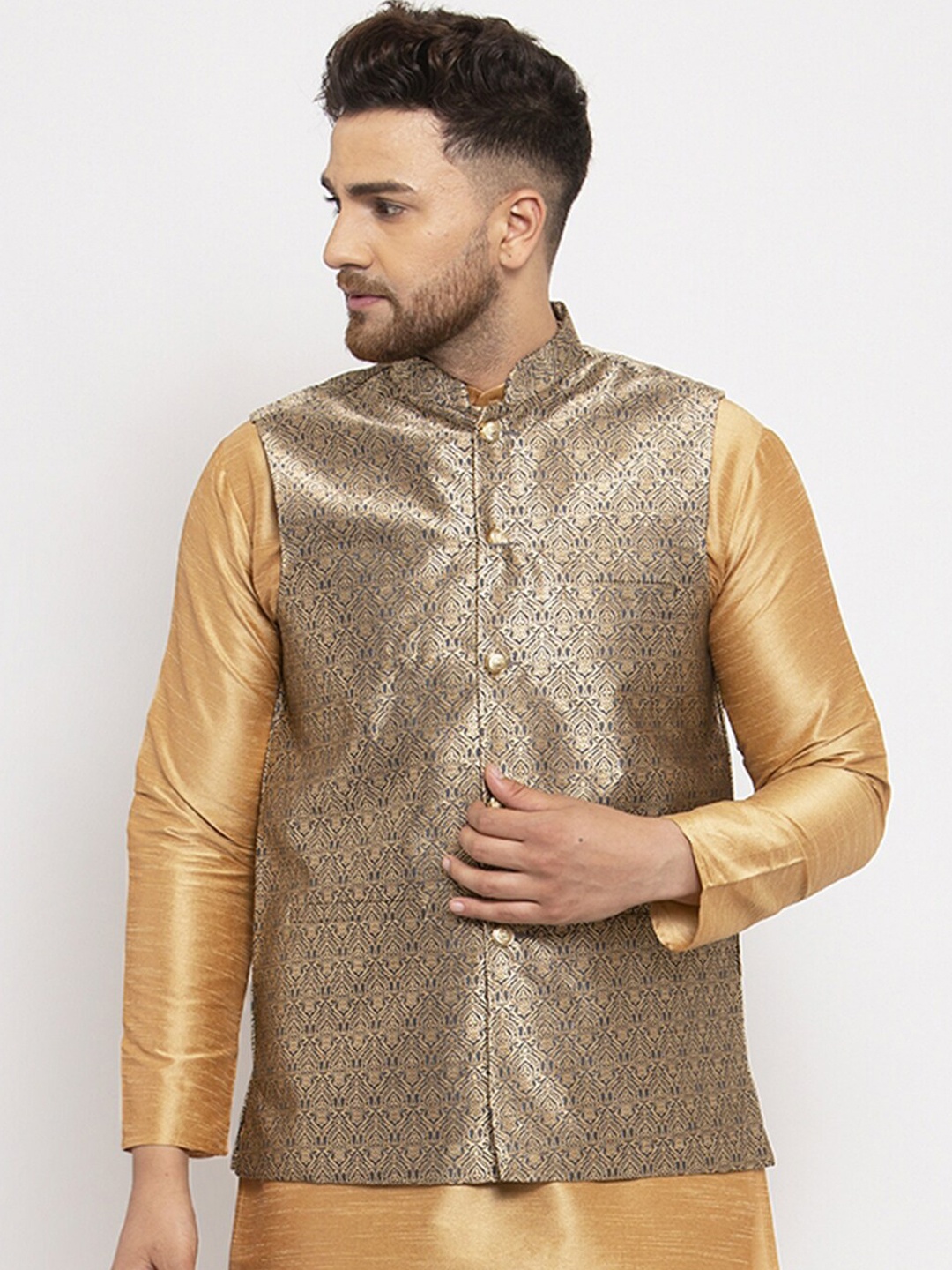 

Jompers Men Grey & Gold-Coloured Woven Design Nehru Jacket