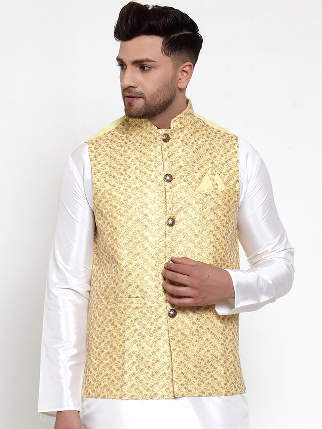 

Jompers Men Yellow & Gold Embroidered Waistcoat with Pocket Square