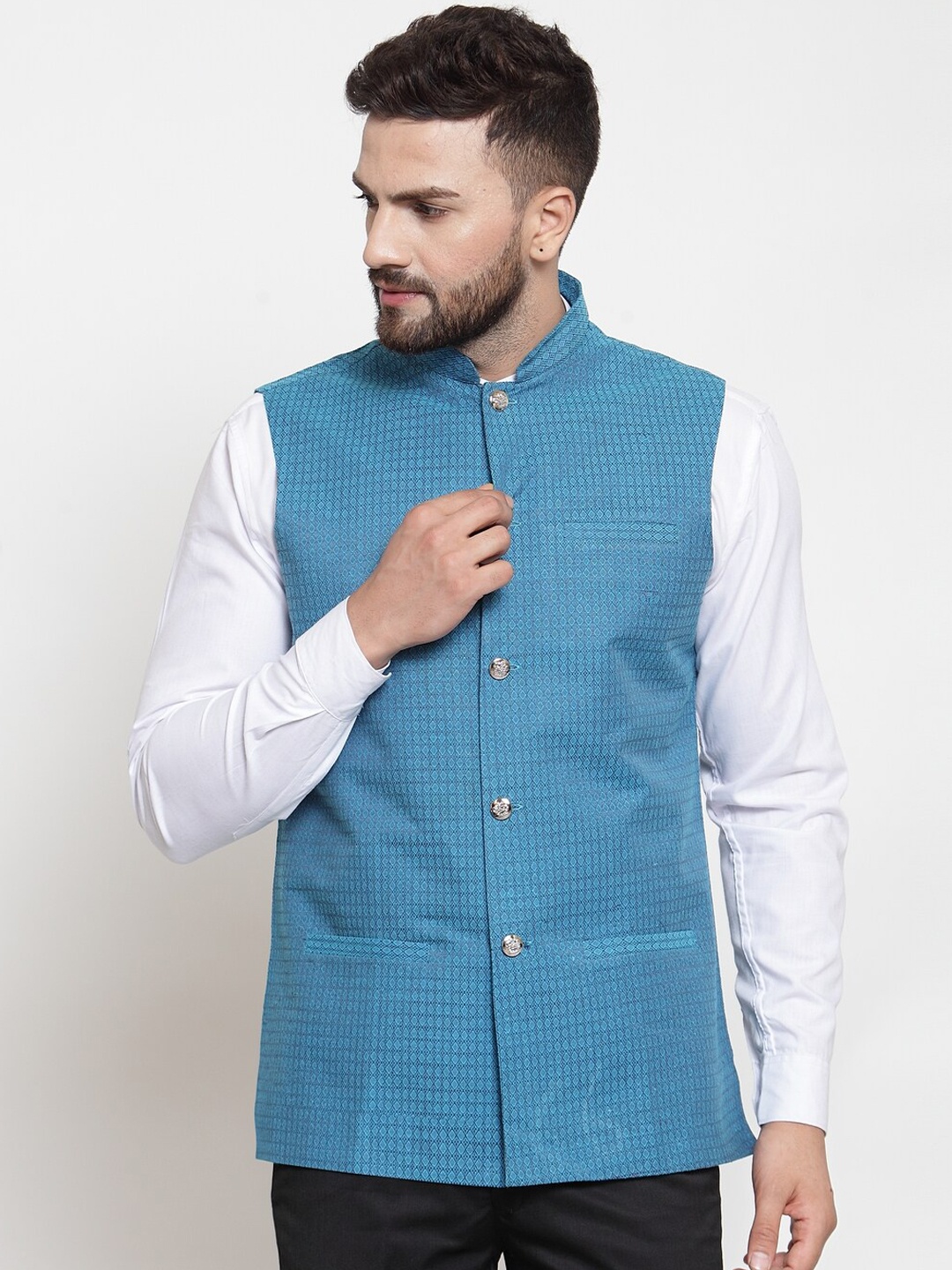 

Jompers Men Blue Woven Design Nehru Jacket