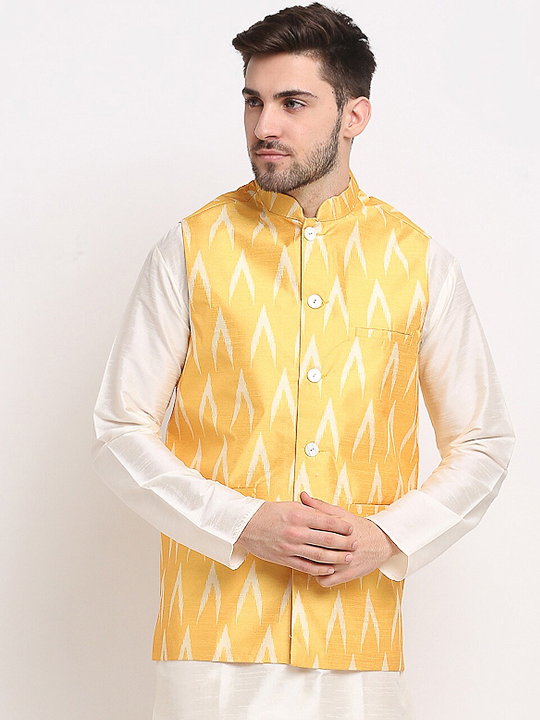 

Jompers Men Mustard Yellow & White Ikat Printed Woven Waistcoat