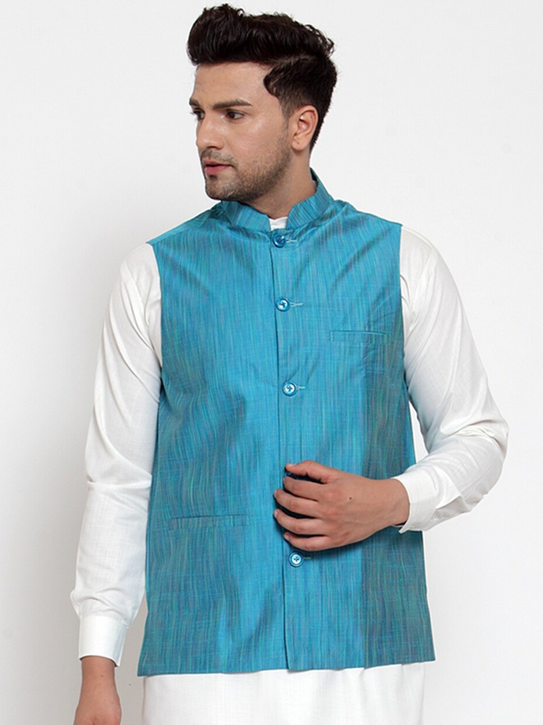 

Jompers Men Blue Solid Pure Cotton Embellished Nehru Jacket