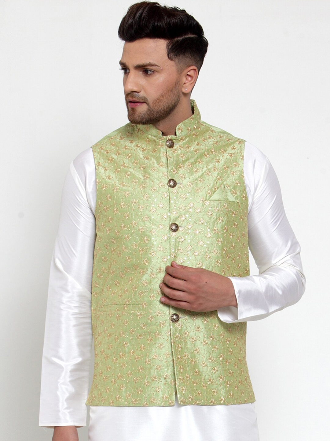 

Jompers Men Green & Gold-Coloured Embroidered Nehru Jacket With Pocket Square