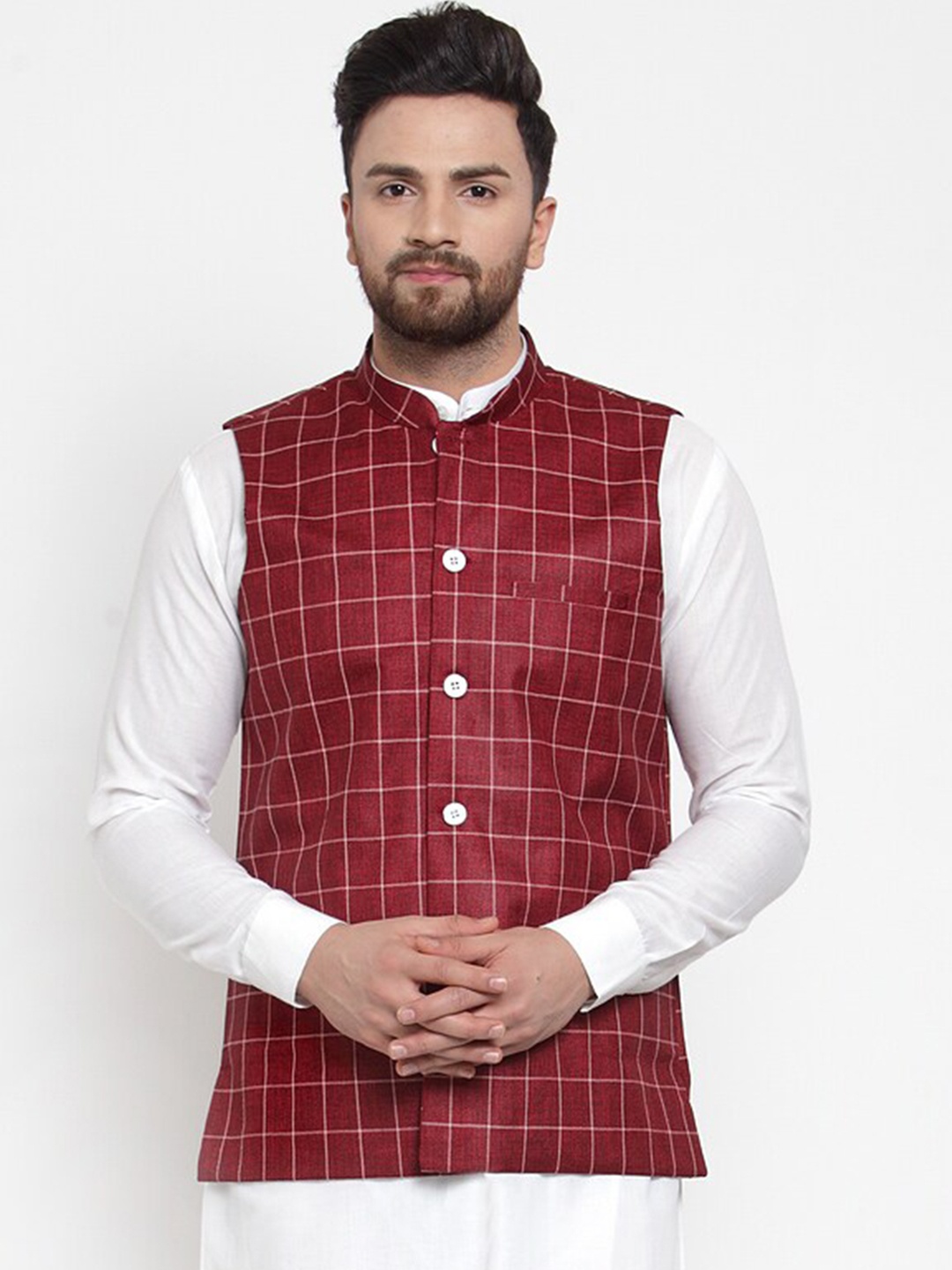 

Jompers Men Maroon & White Checked Waistcoat