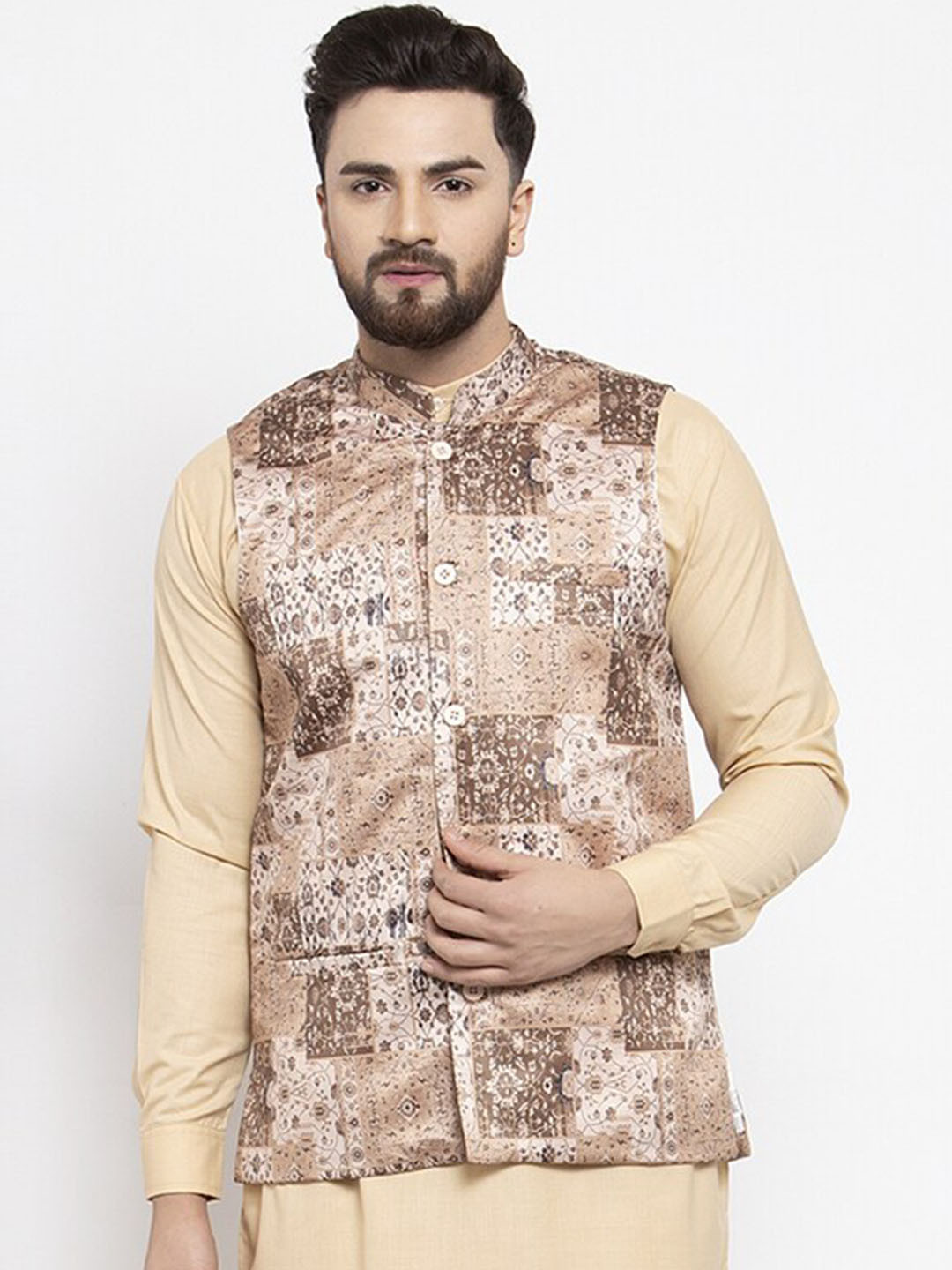

Jompers Men Beige Digital Printed Satin Nehru Jacket