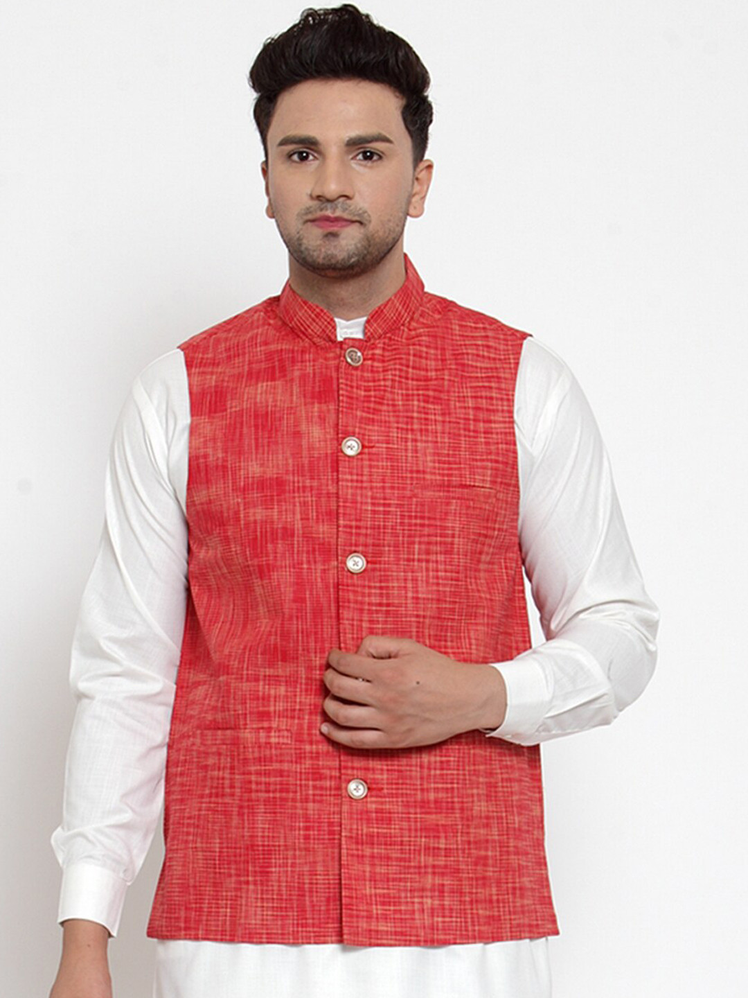

Jompers Men Red Woven Design Pure Cotton Waistcoat