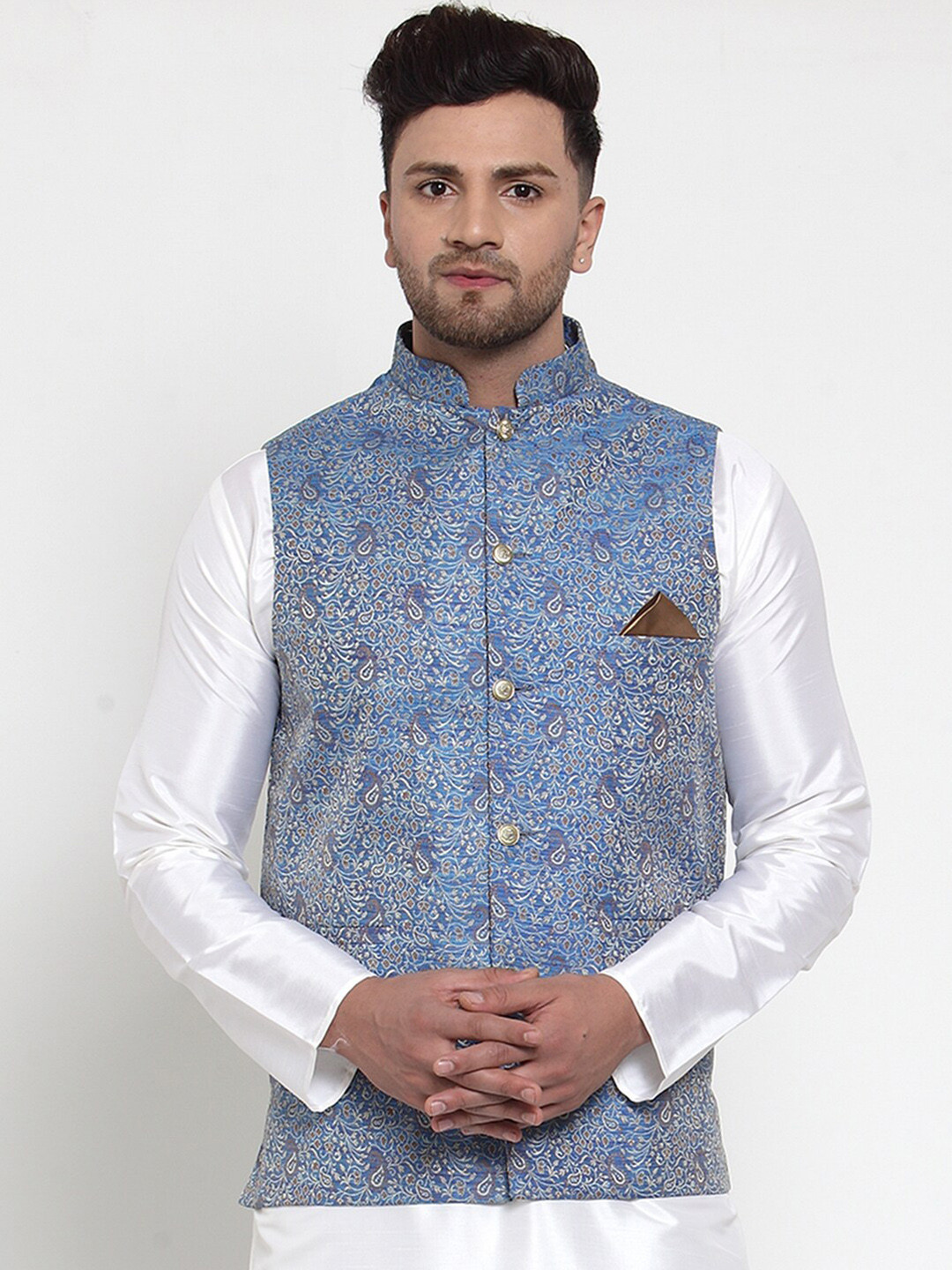 

Jompers Blue Woven Design Nehru Jacket
