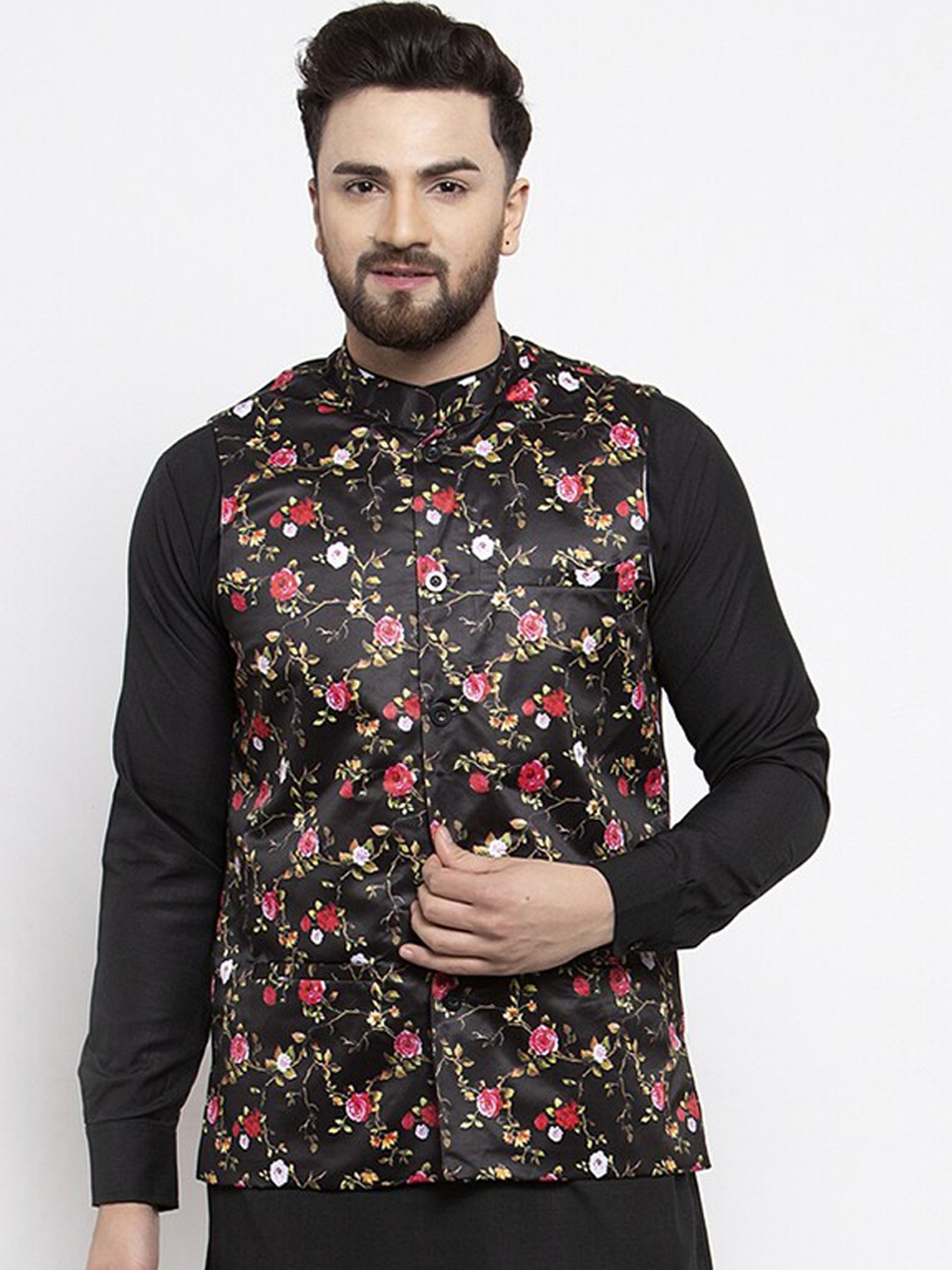 

Jompers Men Black & Red Floral Printed Waistcoat
