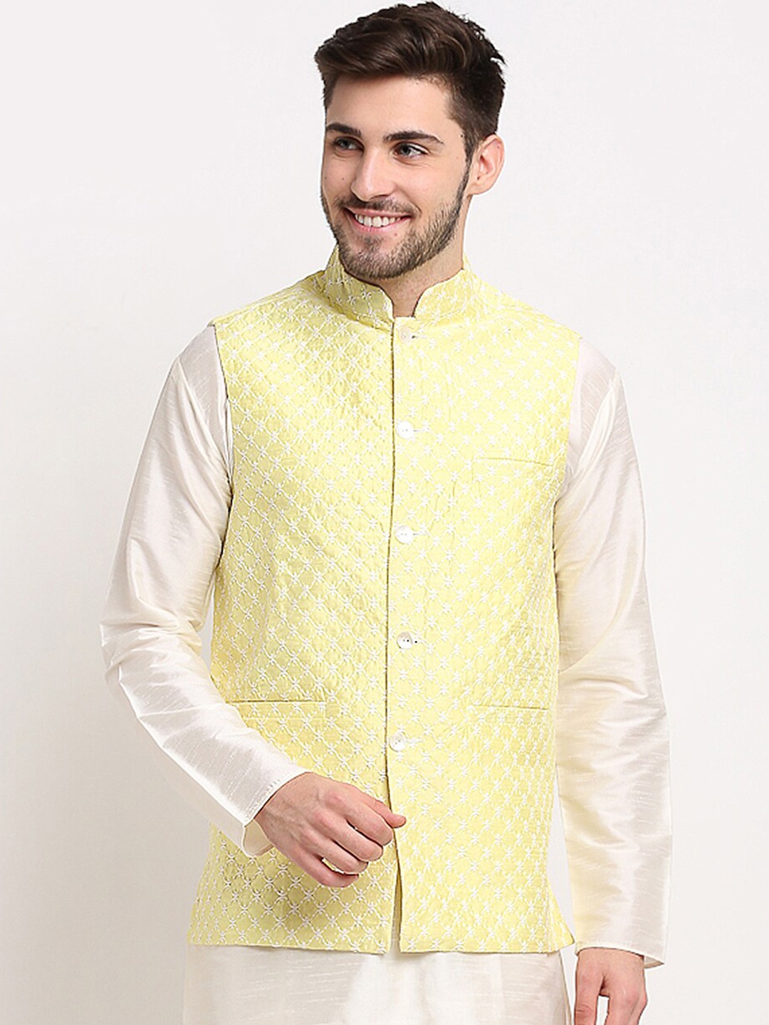 

Jompers Men Yellow & White Embroidered Waistcoat