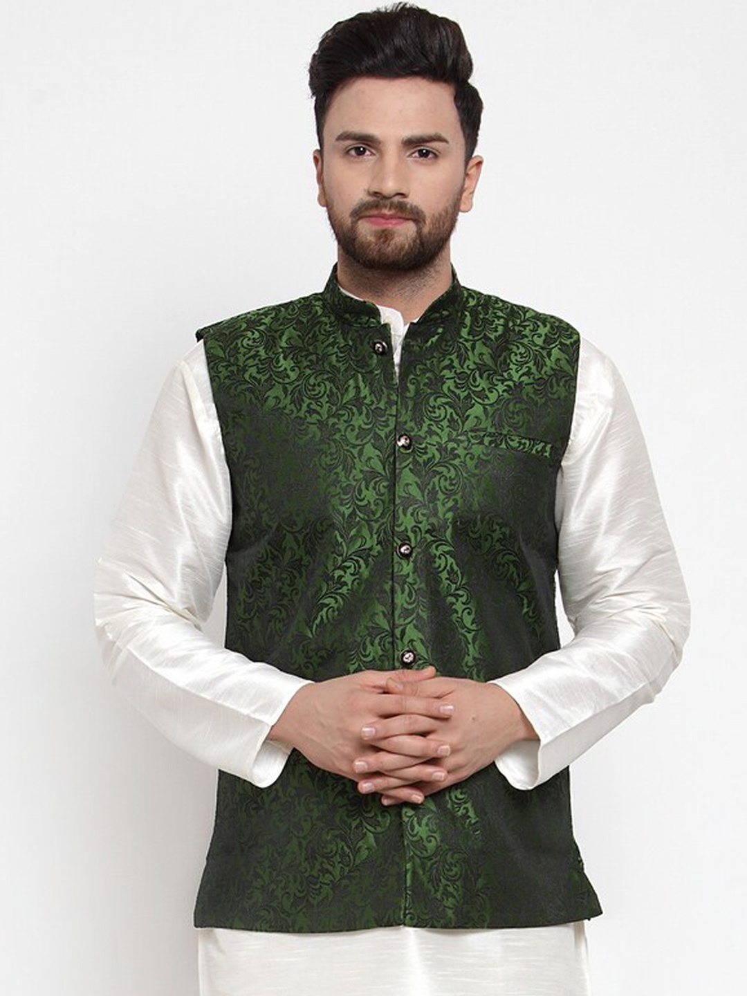 

Jompers Men Green Floral Woven Design Jacquard Embellished Nehru Jacket