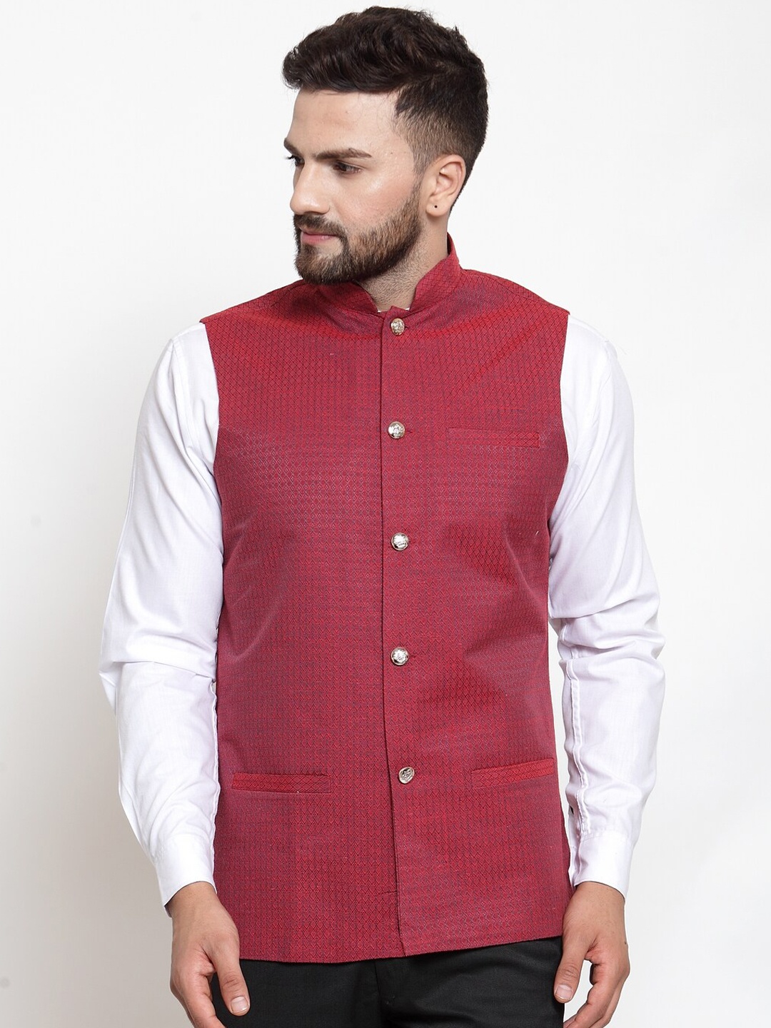 

Jompers Maroon Geometric Printed Nehru jacket