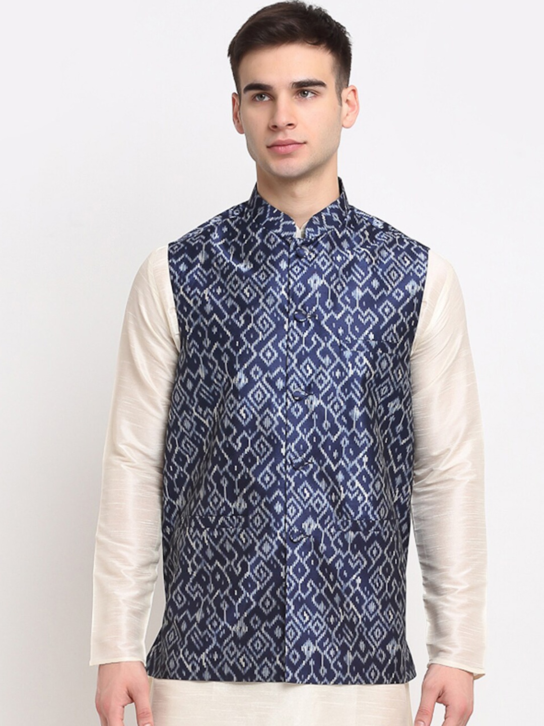 

Jompers Men Blue Digital Printed Satin Embellished Nehru Jacket