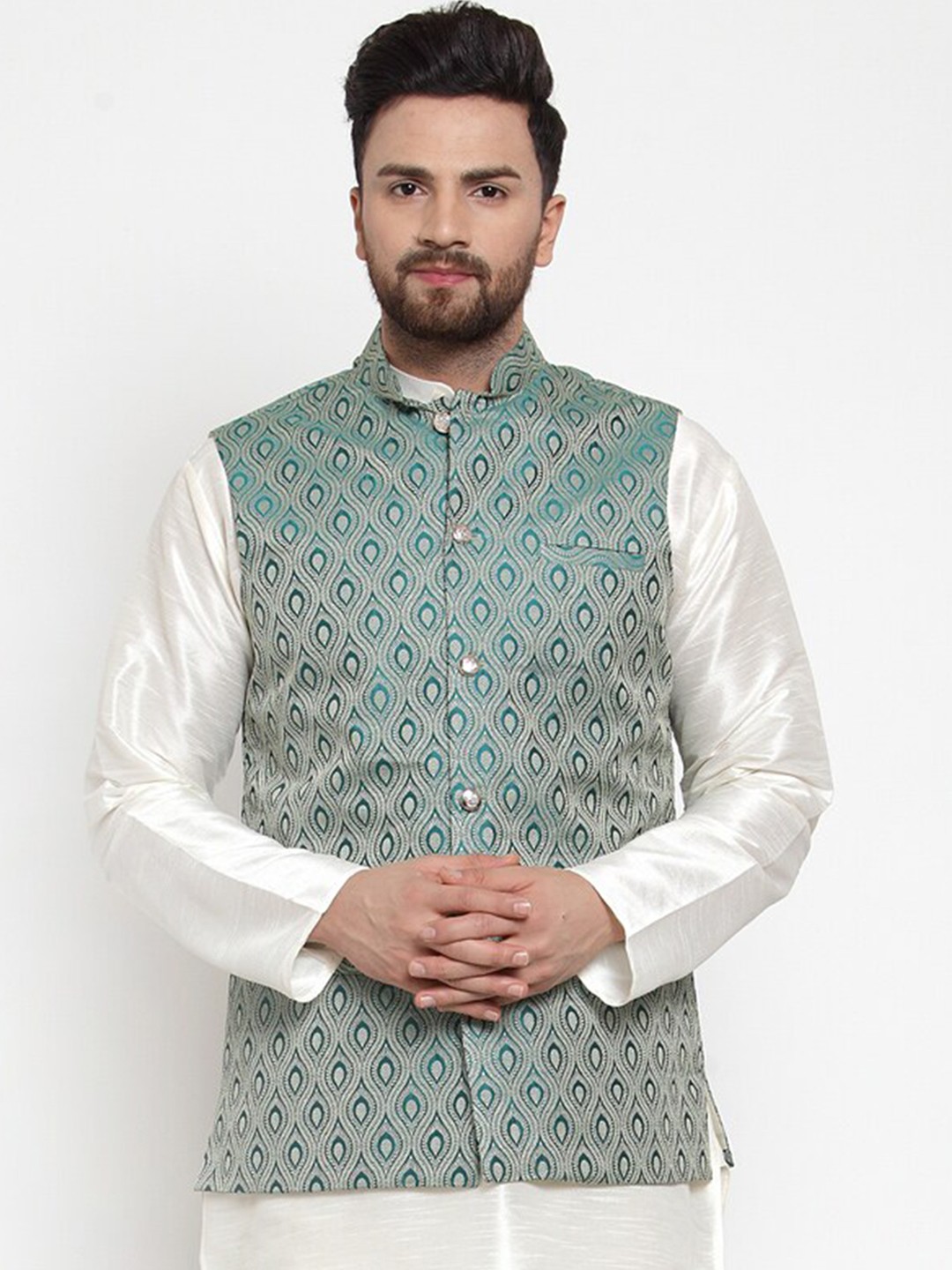 

Jompers Men Green & Silver-Coloured Woven Jacquard Nehru Jacket